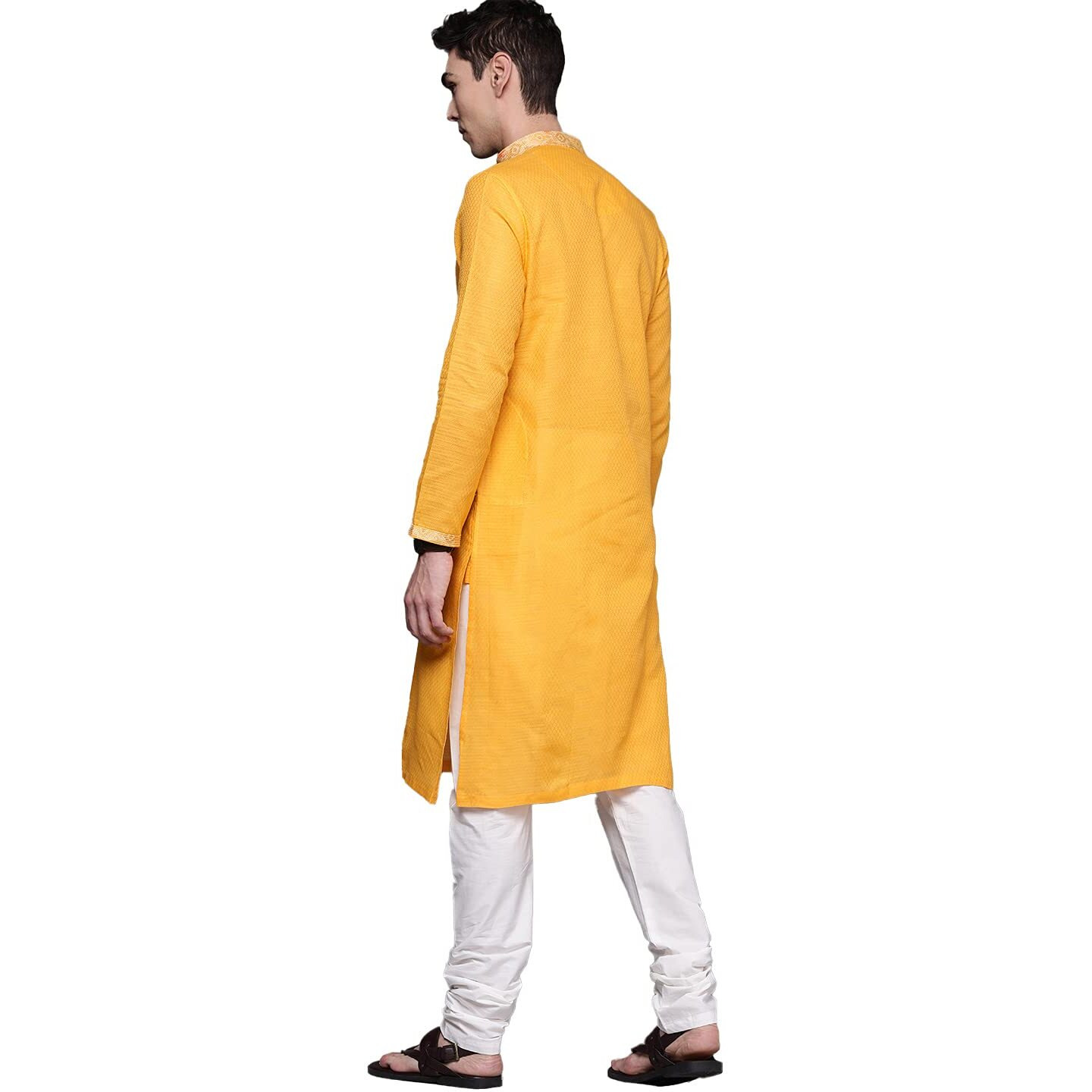 Manyavar Selfdesign Knee Long Kurta And Churidar Set For Men - (Yellow, X-Large)