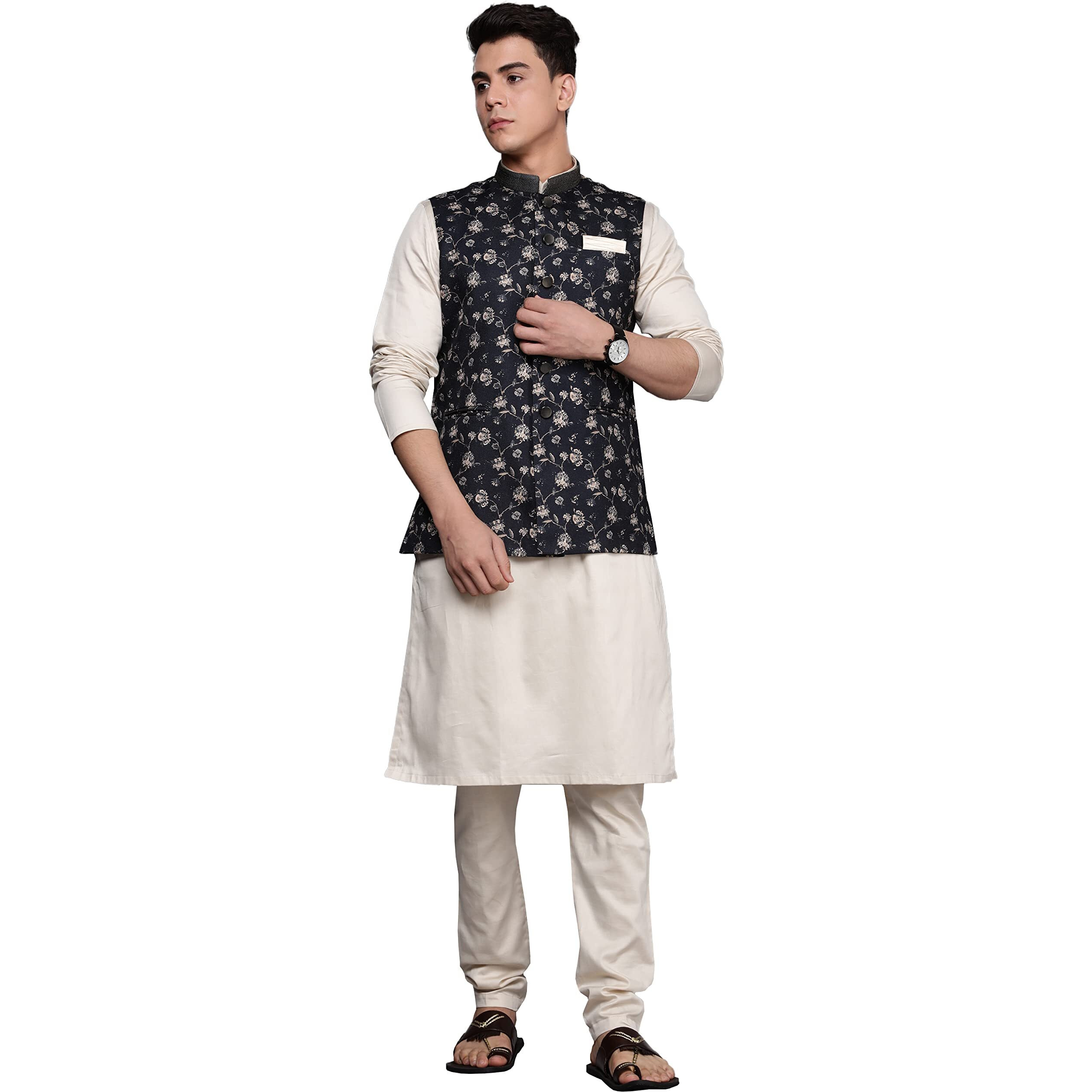 Manyavar Kurta Jacket Set For Men, Full Sleeves Mandarin Collar Ethnic Kurta Jacket Set Viscose Blend (Black, S)