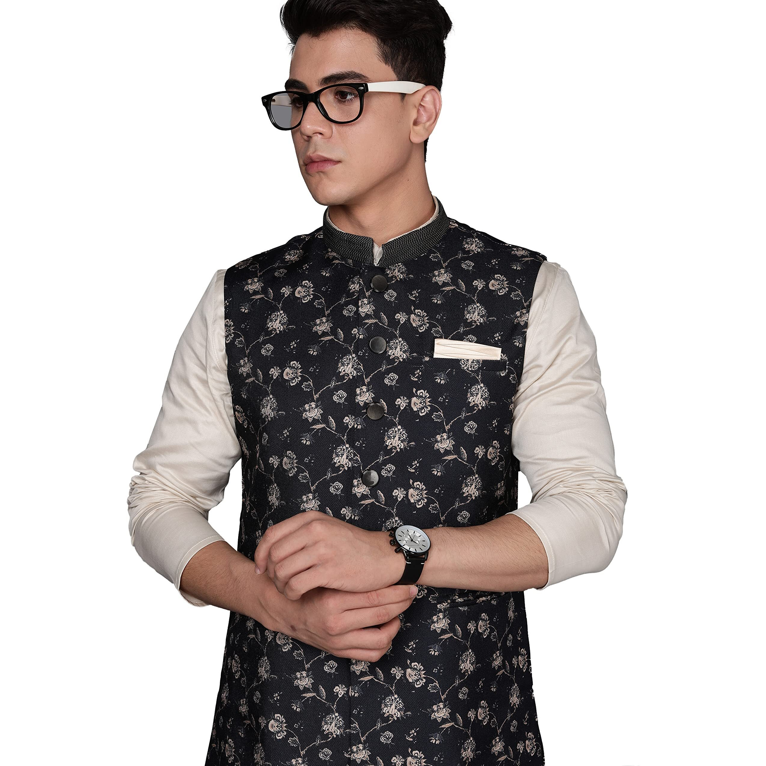 Manyavar Kurta Jacket Set For Men, Full Sleeves Mandarin Collar Ethnic Kurta Jacket Set Viscose Blend (Black, S)