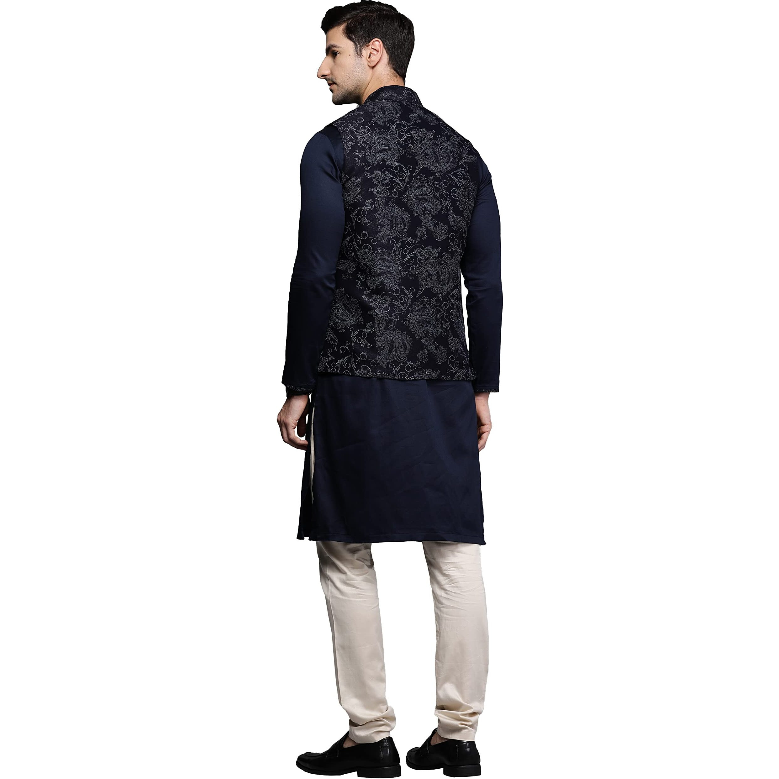 Manyavar Rayon Blend Printed Kurta Churidar With Jacket Set For Men (Black, L)