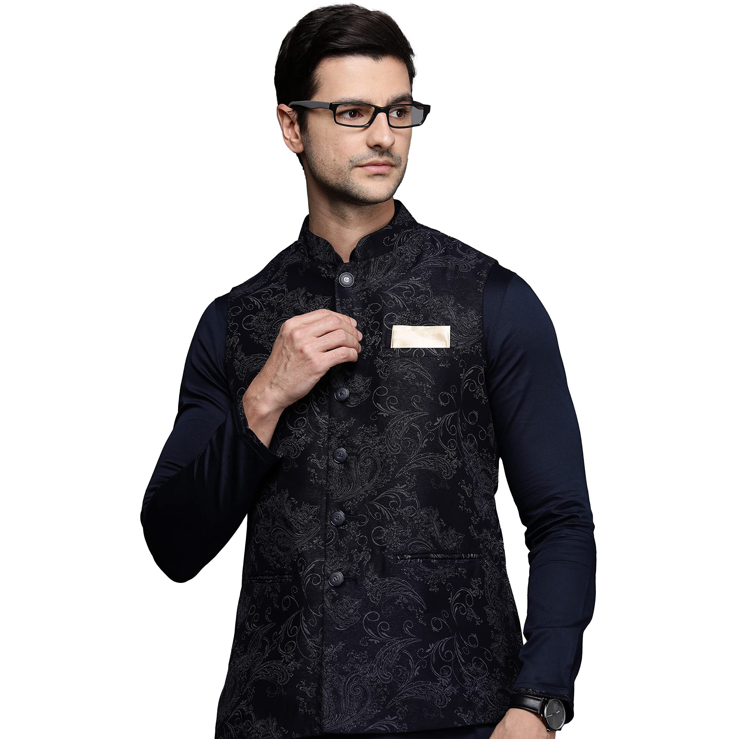 Manyavar Rayon Blend Printed Kurta Churidar With Jacket Set For Men (Black, L)