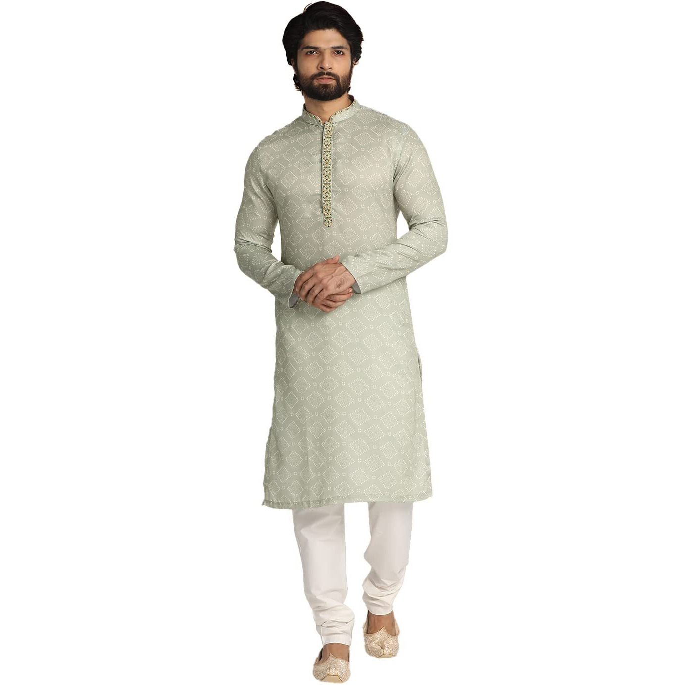 Manyavar Men's Kurta Set, Satin Blend Mandarin Collar Full Sleeve Kurte Set For Men Green (Medium)