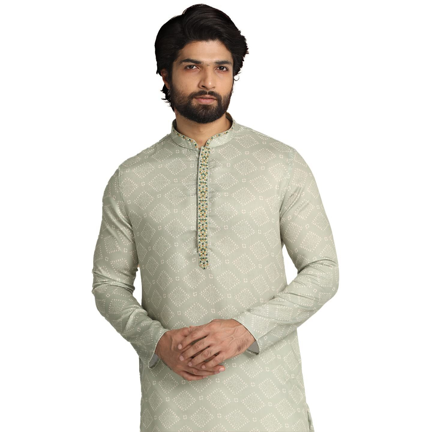 Manyavar Men's Kurta Set, Satin Blend Mandarin Collar Full Sleeve Kurte Set For Men Green (Medium)