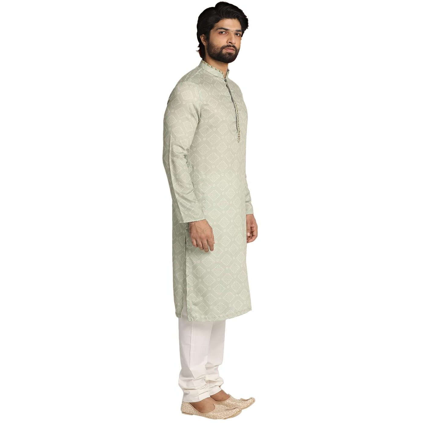 Manyavar Men's Kurta Set, Satin Blend Mandarin Collar Full Sleeve Kurte Set For Men Green (Medium)