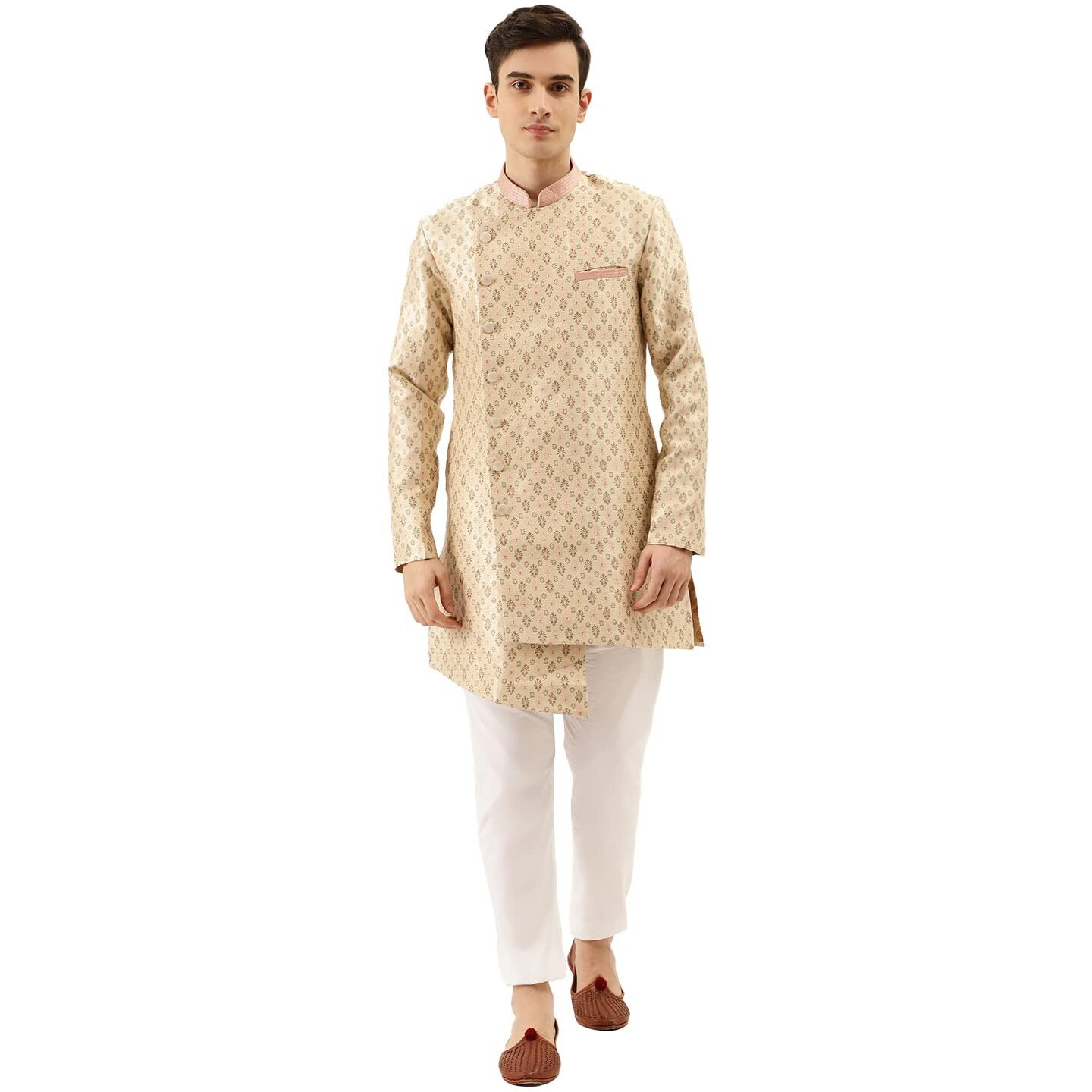 Manyavar Semi Indowestern And Patiala Set For Men, Full Sleeves Mandarrin Collar, Silk Blend Indowesten Dress Set (Beige) (S)
