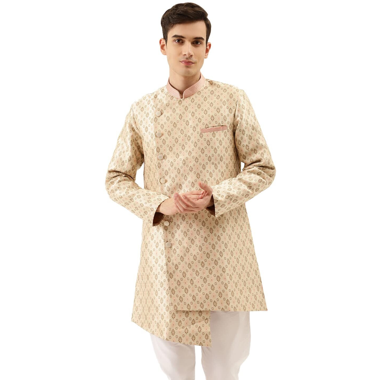 Manyavar Semi Indowestern And Patiala Set For Men, Full Sleeves Mandarrin Collar, Silk Blend Indowesten Dress Set (Beige) (S)