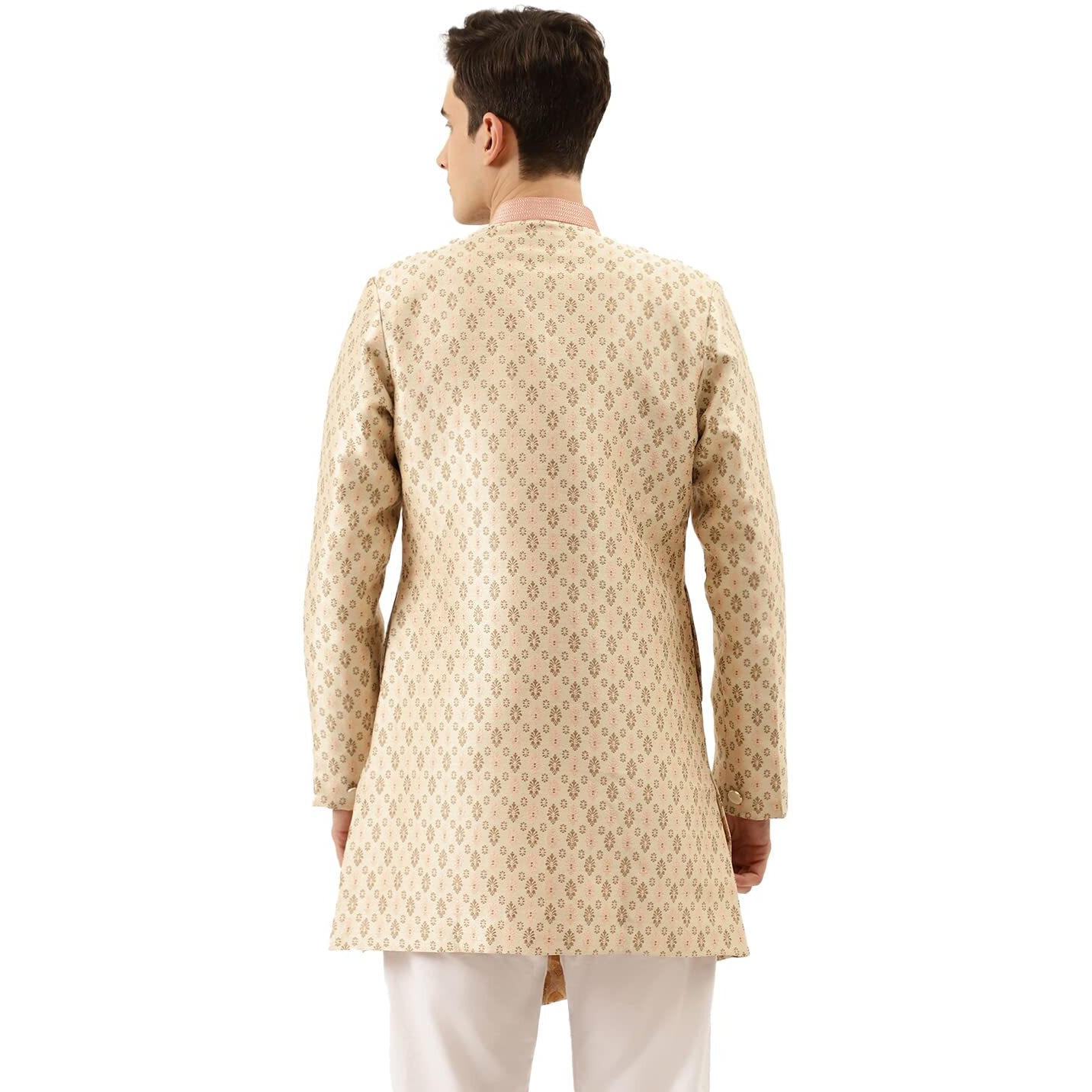 Manyavar Semi Indowestern And Patiala Set For Men, Full Sleeves Mandarrin Collar, Silk Blend Indowesten Dress Set (Beige) (S)