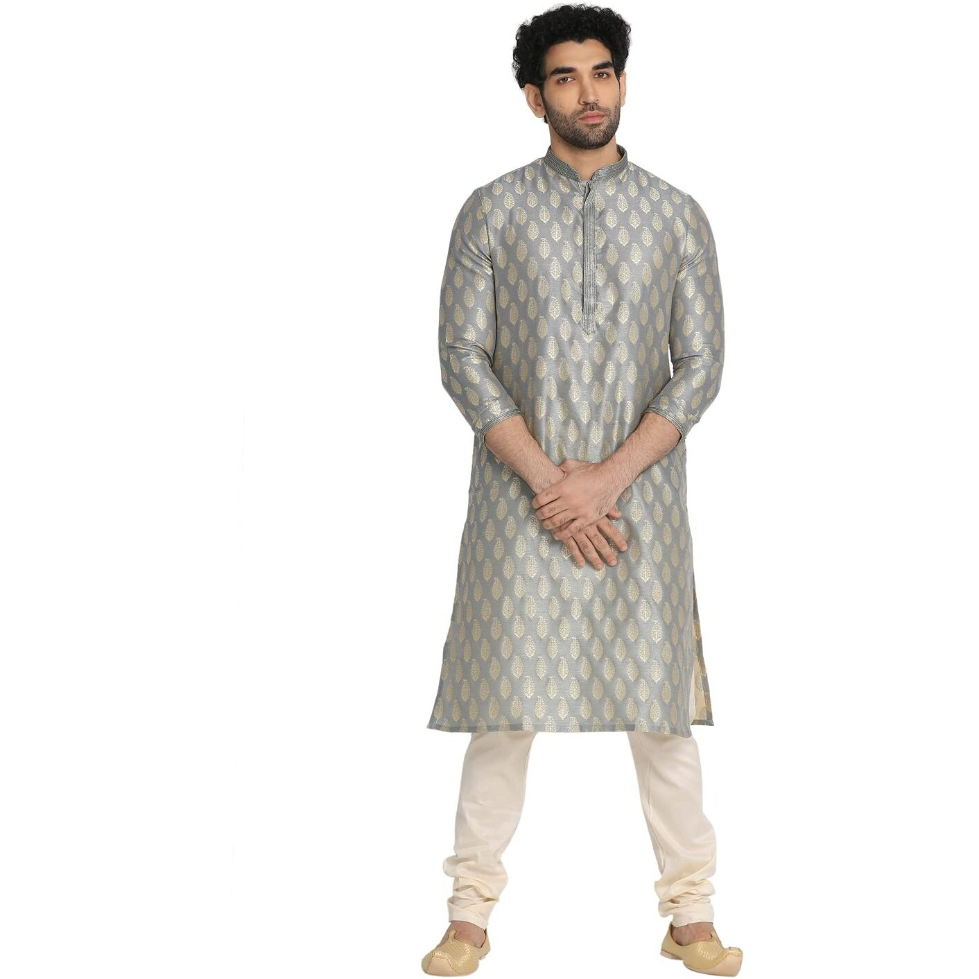 Manyavar Jacquard Print Knee Long Kurta And Churidar Set For Men - (Grey, Xx-Large)