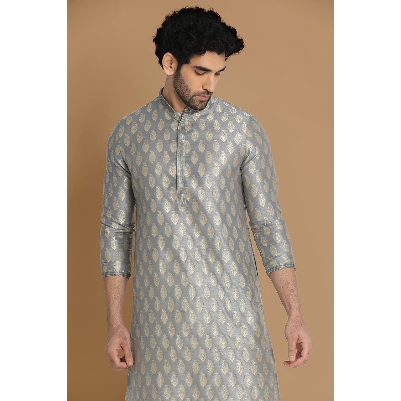 Manyavar Jacquard Print Knee Long Kurta And Churidar Set For Men - (Grey, Xx-Large)