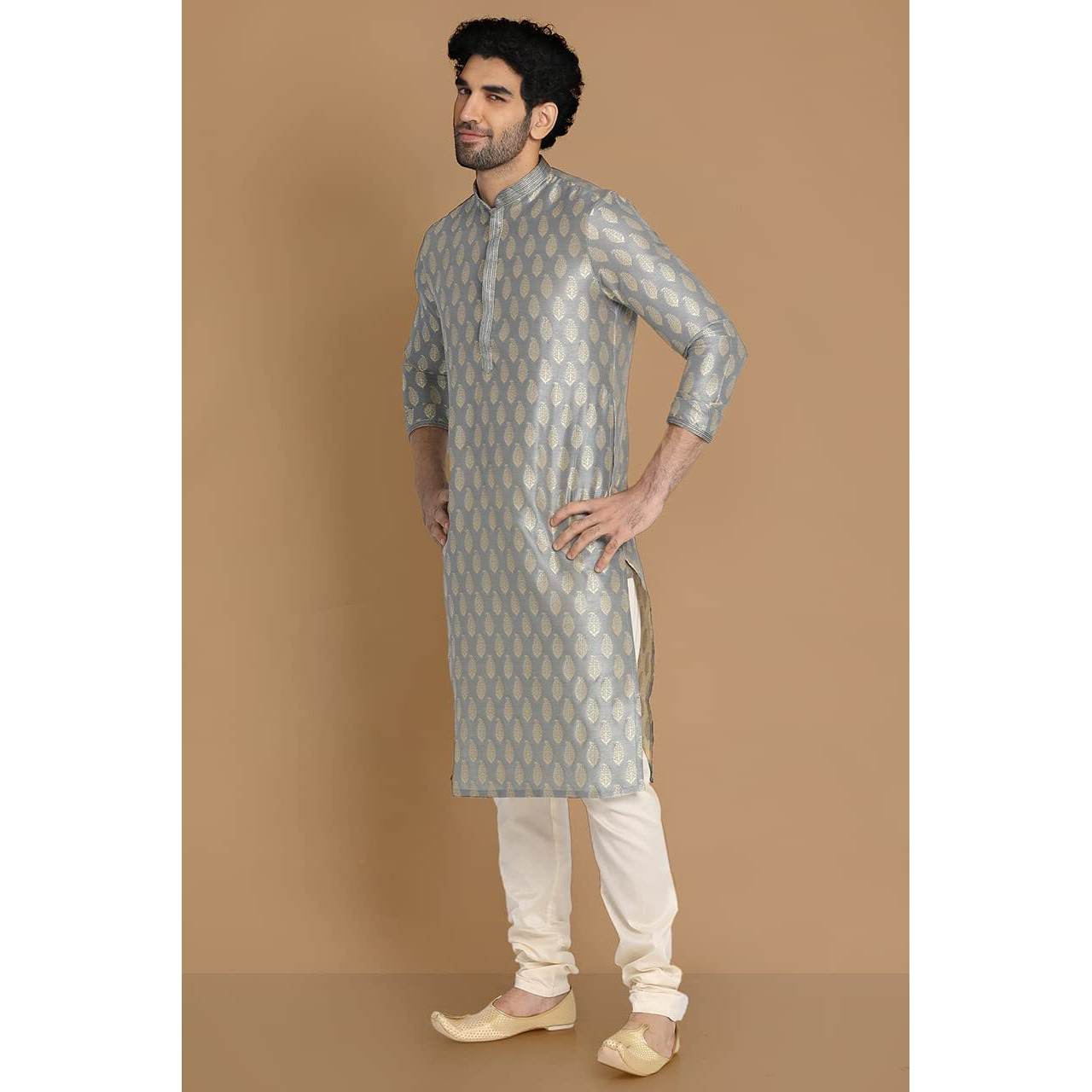 Manyavar Jacquard Print Knee Long Kurta And Churidar Set For Men - (Grey, Xx-Large)