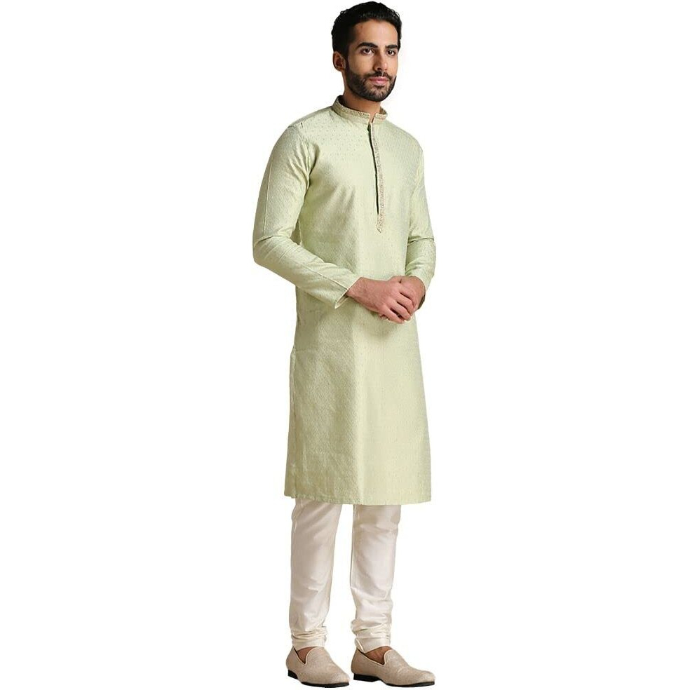 Manyavar Kurta Set For Men, Full Sleeves Mandarin Collar Ethnic Men's Kurta Set For Engagement, Wedding, Party Art Silk All Over Self Design (Green, M)