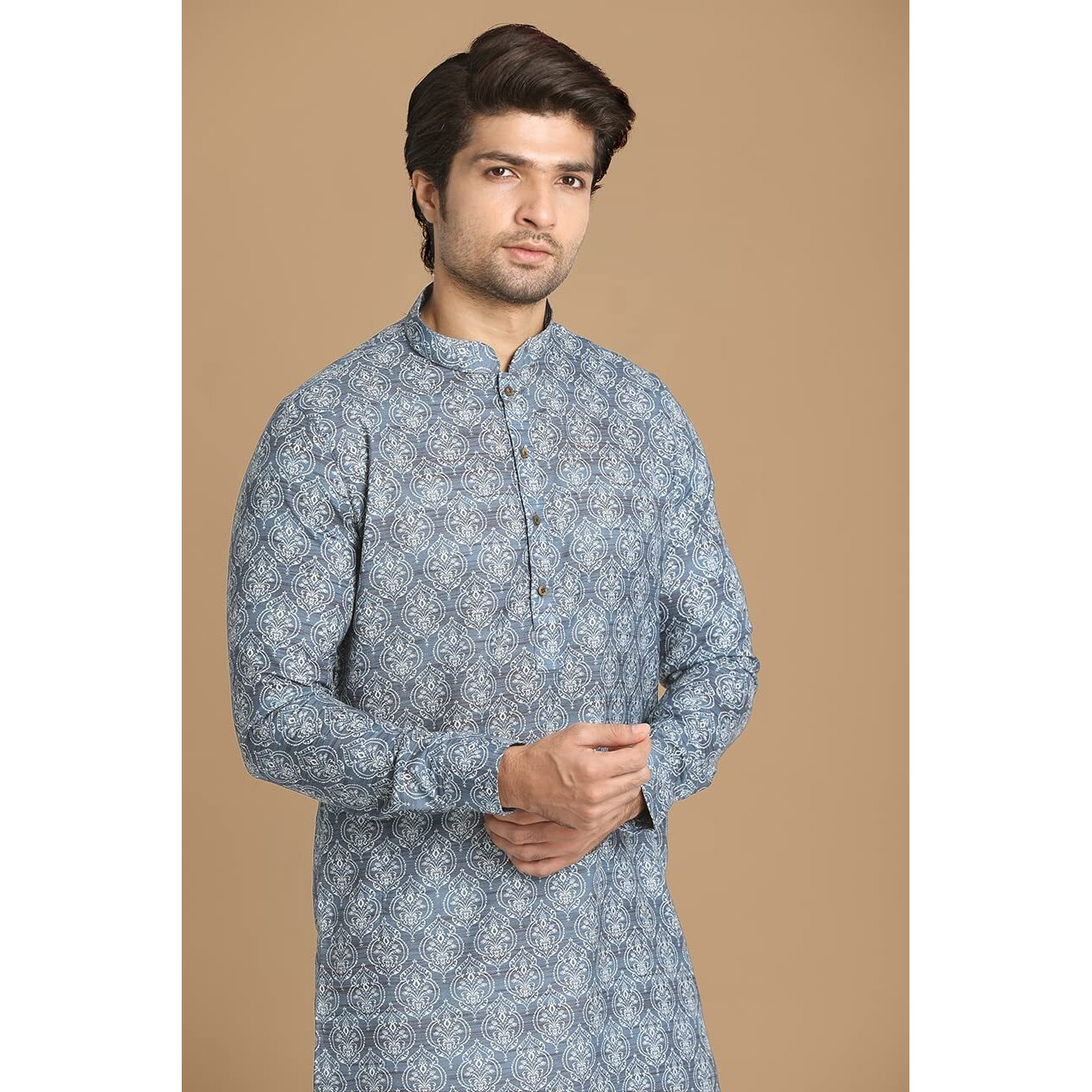 Manyavar Printed Knee Long Full Sleeves Kurta For Men - (Blue,Xx- Large)