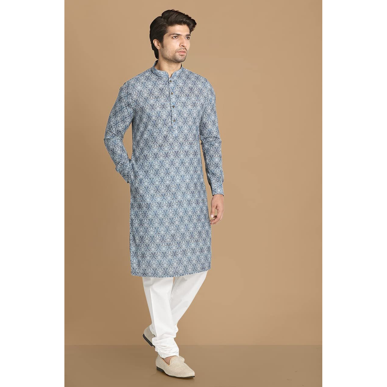 Manyavar Printed Knee Long Full Sleeves Kurta For Men - (Blue,Xx- Large)