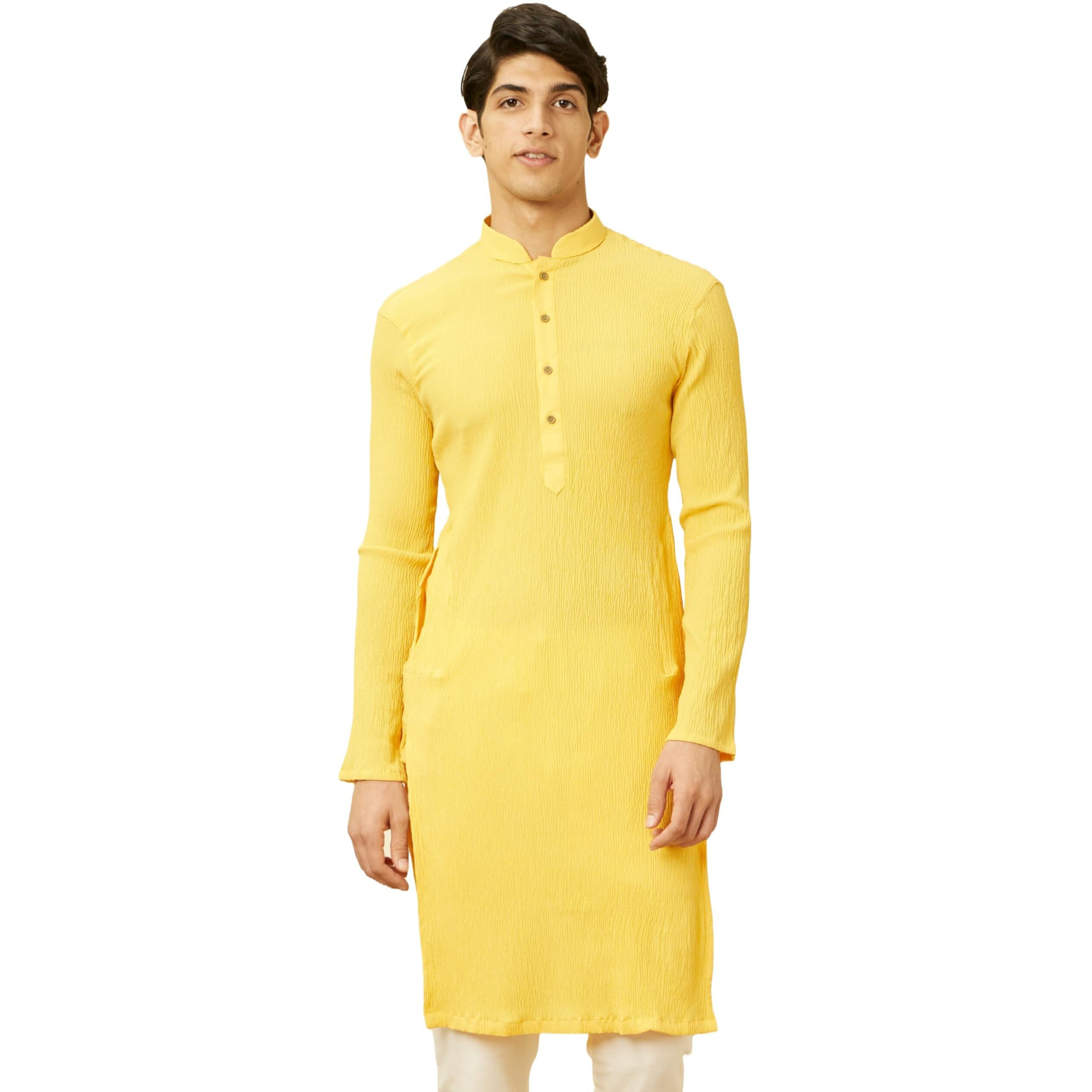 Manyavar Men's Kurta, Long Sleeves Mandarin Collar Ethnic Knee Length Kurta Only, Kurta For Festival, Wedding, Party, Anniversary Blended Viscous (Yellow, L)
