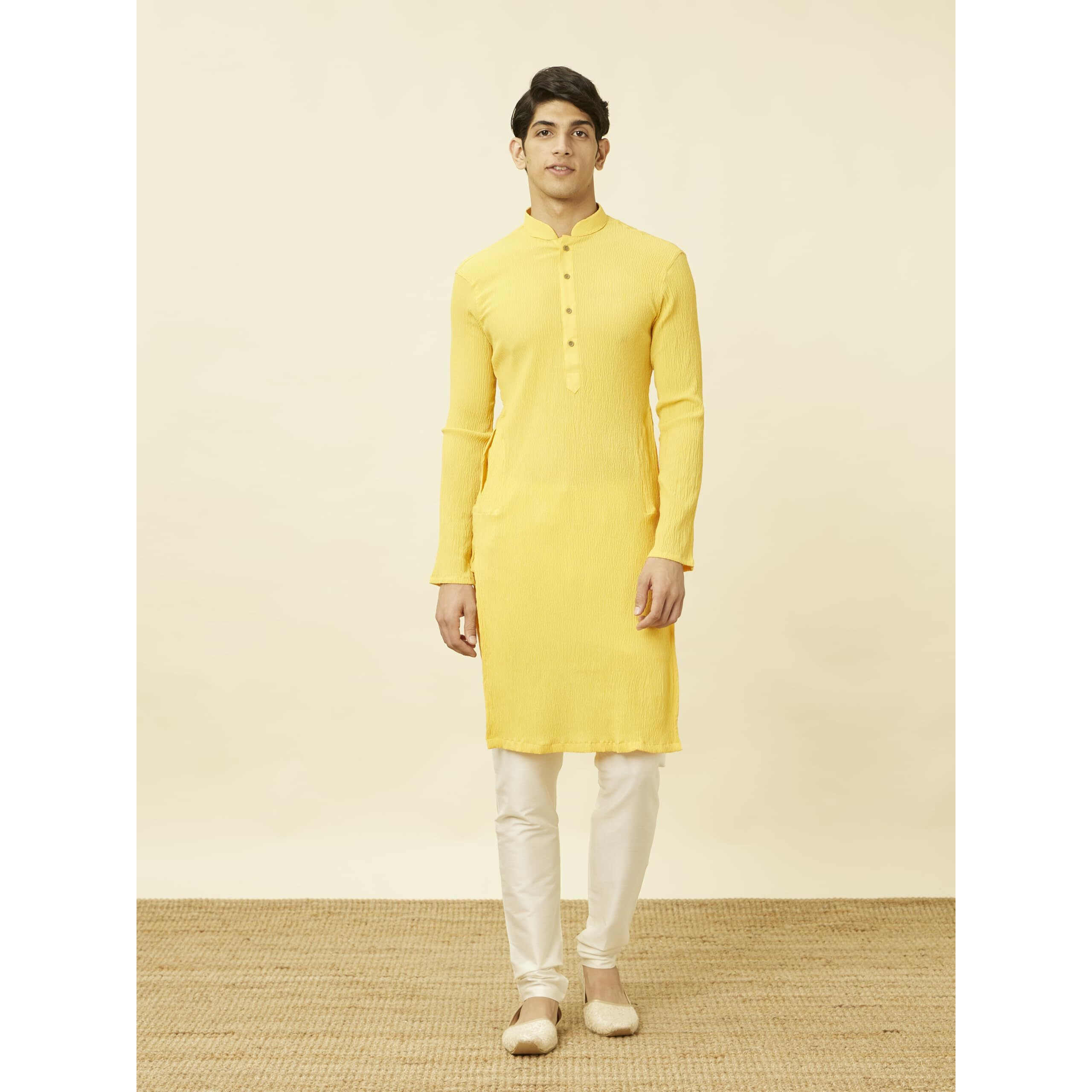 Manyavar Men's Kurta, Long Sleeves Mandarin Collar Ethnic Knee Length Kurta Only, Kurta For Festival, Wedding, Party, Anniversary Blended Viscous (Yellow, L)