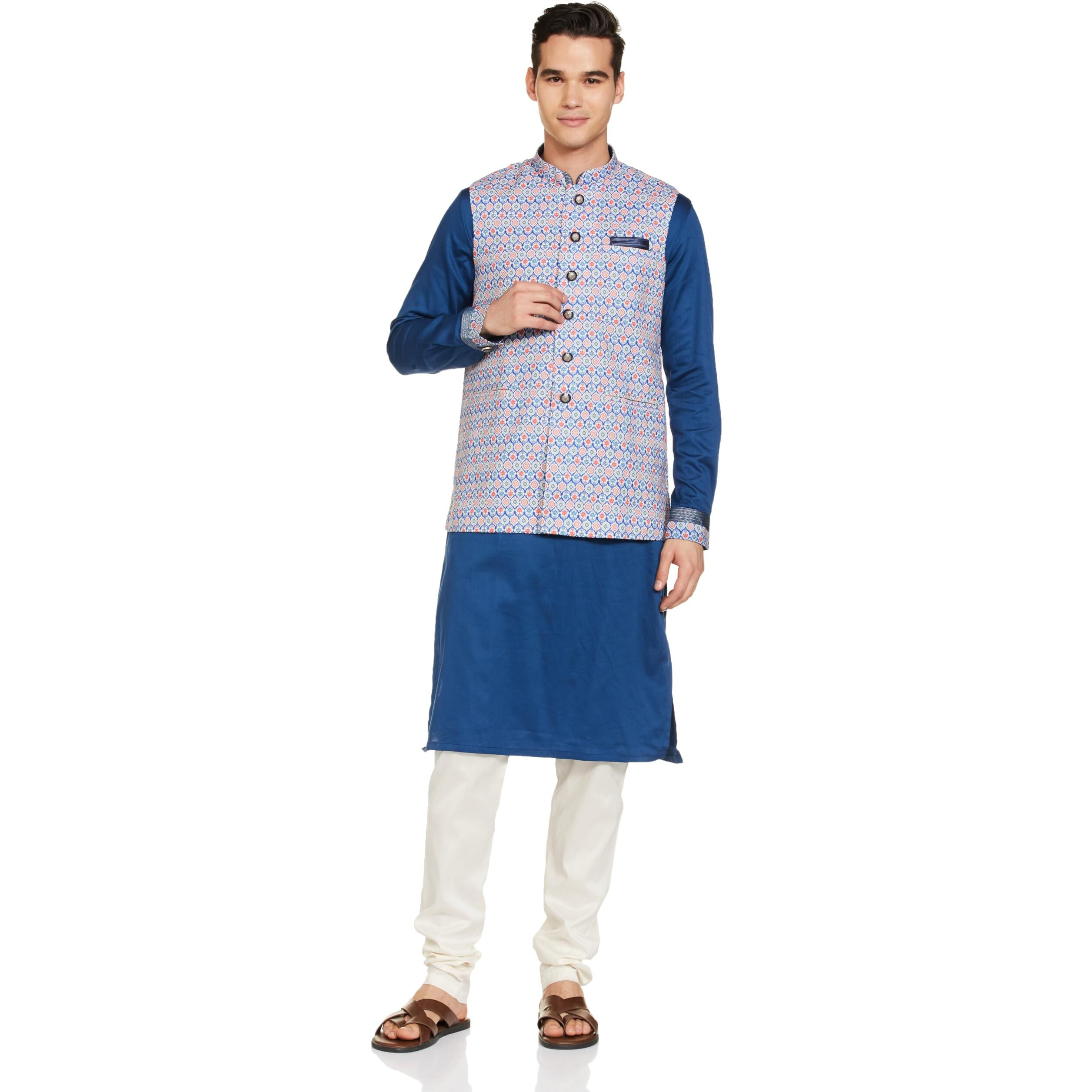 Manyavar Blue Cotton Printed Celebration Kurta Jacket Set With Mandarin Collar