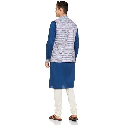 Manyavar Blue Cotton Printed Celebration Kurta Jacket Set With Mandarin Collar