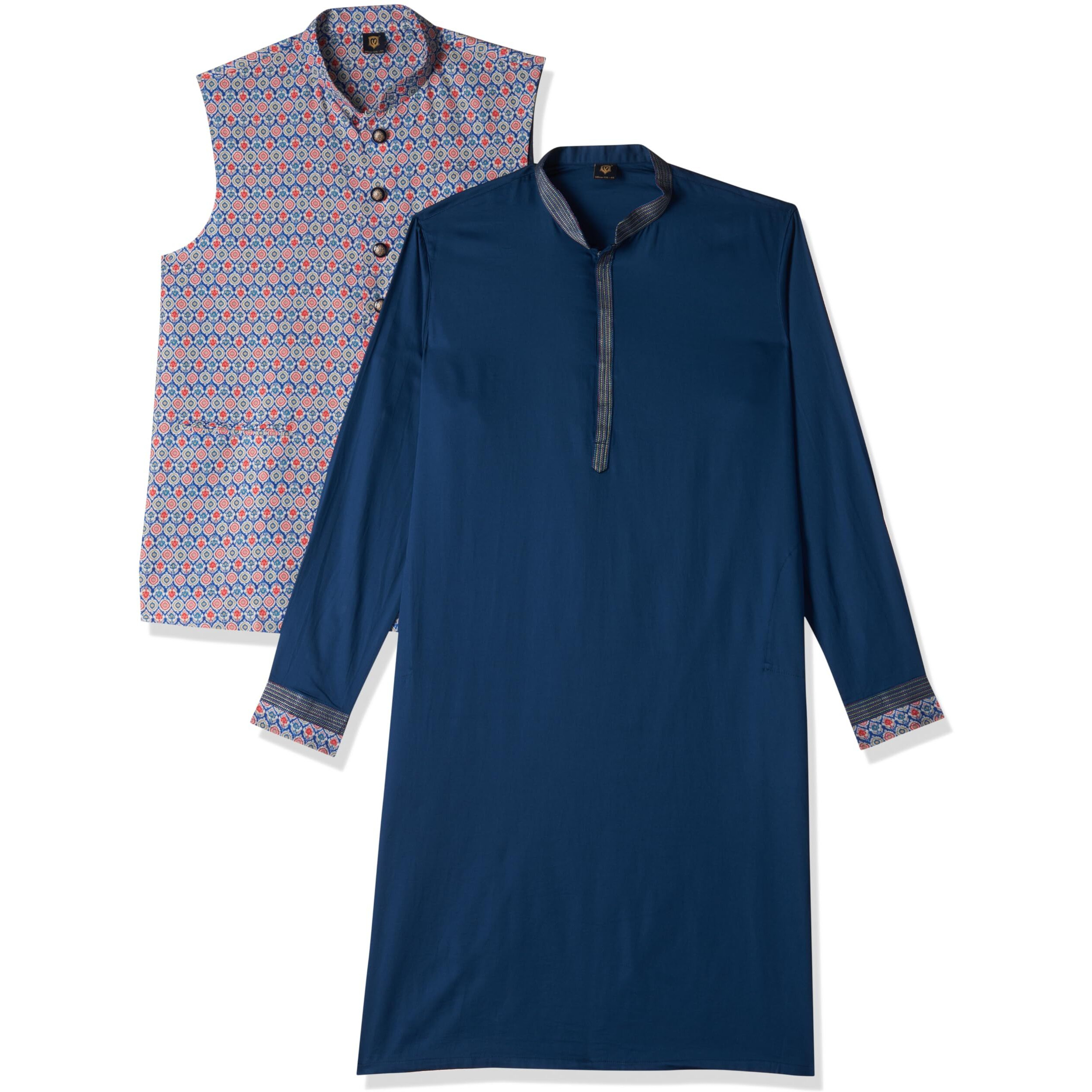 Manyavar Blue Cotton Printed Celebration Kurta Jacket Set With Mandarin Collar