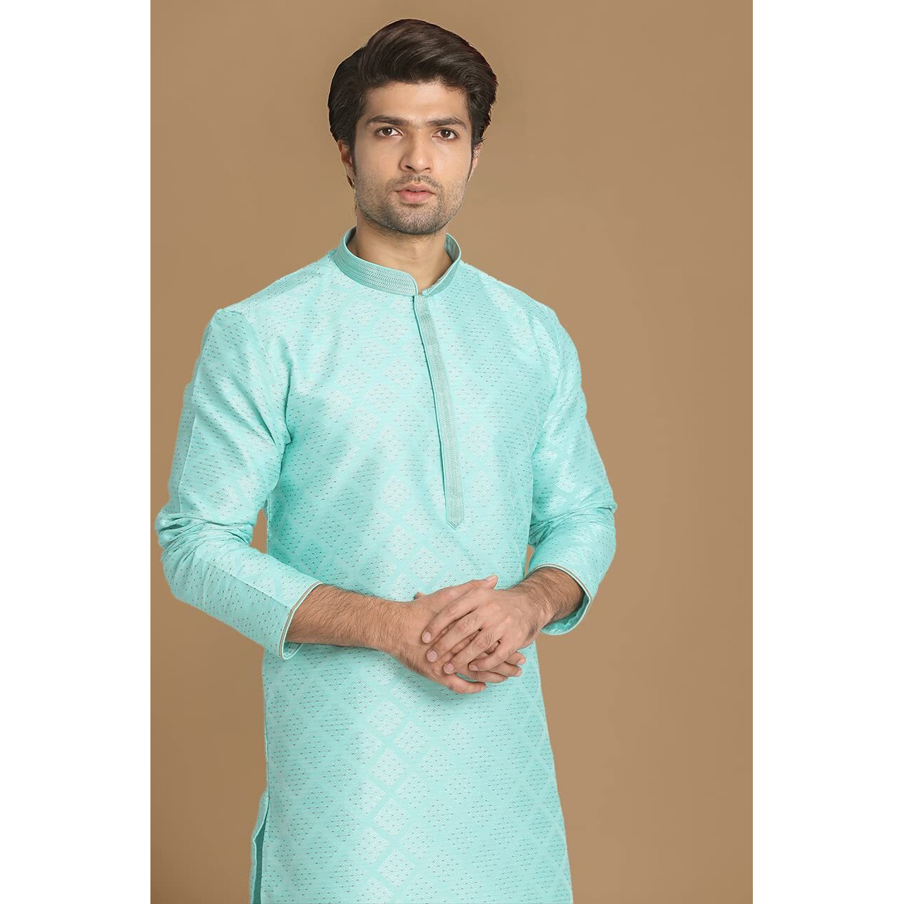 Manyavar Jacquard Print Knee Long Full Sleeves Kurta And Pyjama Set For Men - (Light Green, X-Large)