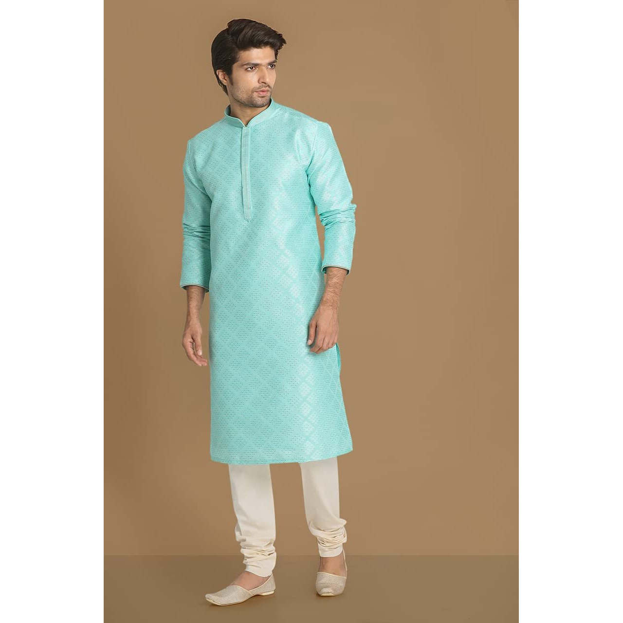 Manyavar Jacquard Print Knee Long Full Sleeves Kurta And Pyjama Set For Men - (Light Green, X-Large)