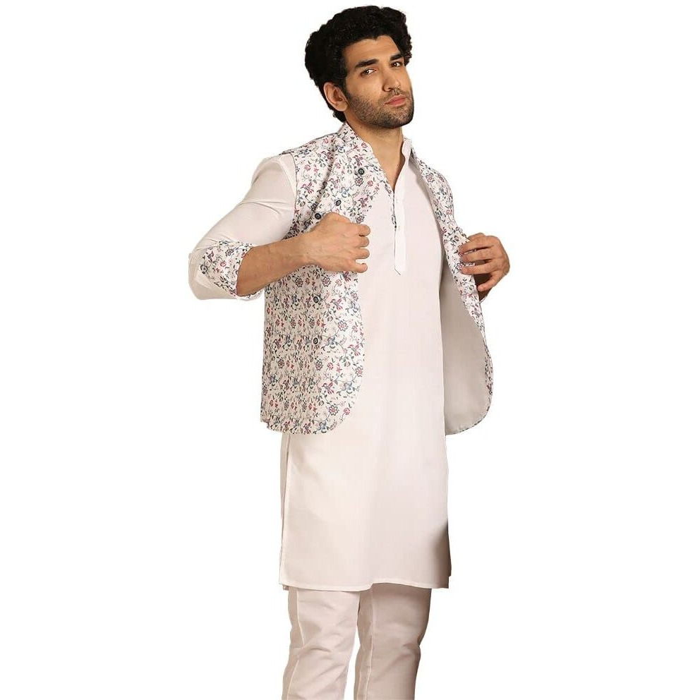 Manyavar Men's Jacket Kurta Set, Kurta Jacket Set For Men, Full Sleeves Mandarin Collar Ethnic Wear Jacket Set For Festival, Wedding, Party Blended Viscose (White, S)