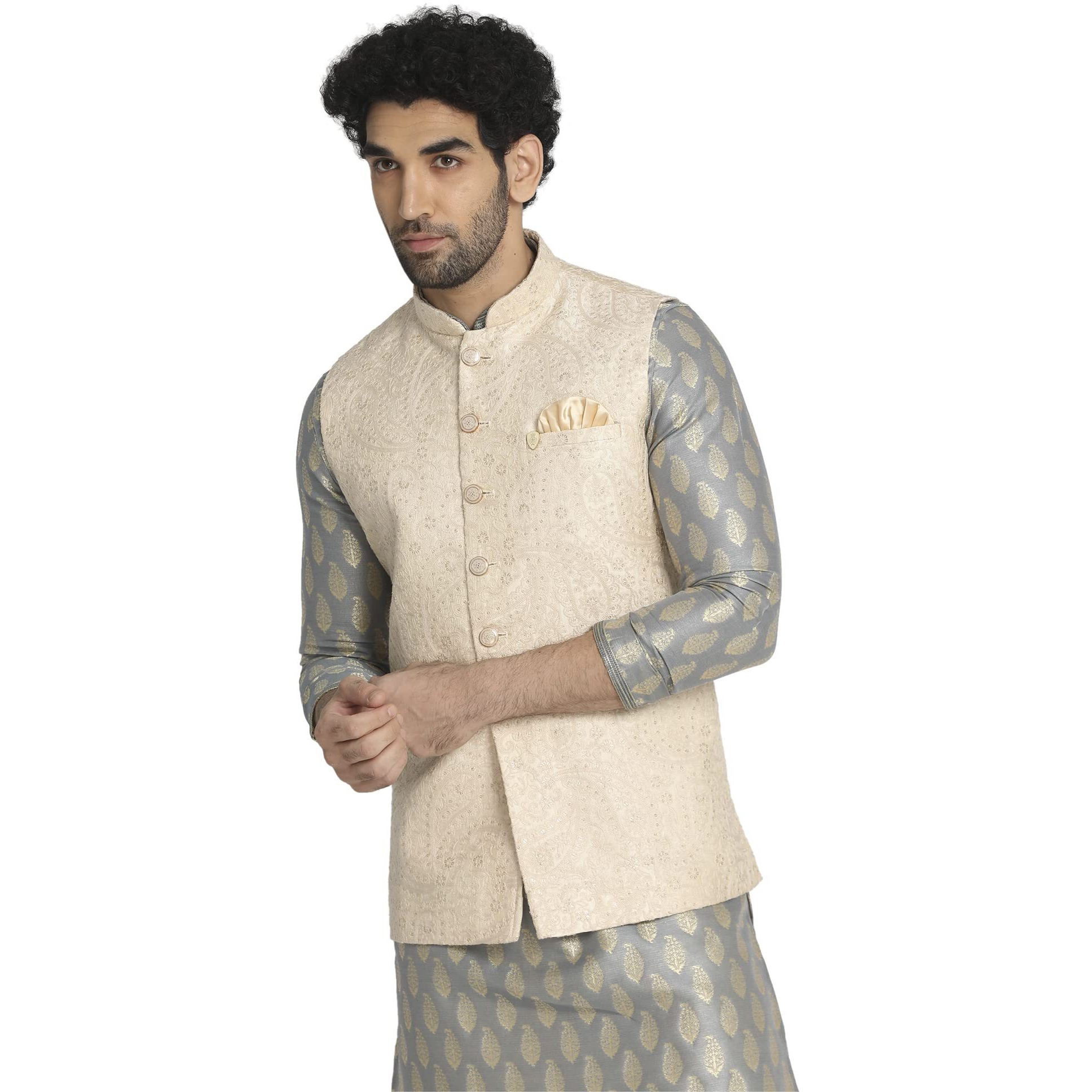 Manyavar Men's Nehru Jacket (Jac215-303-S_Beige_S)