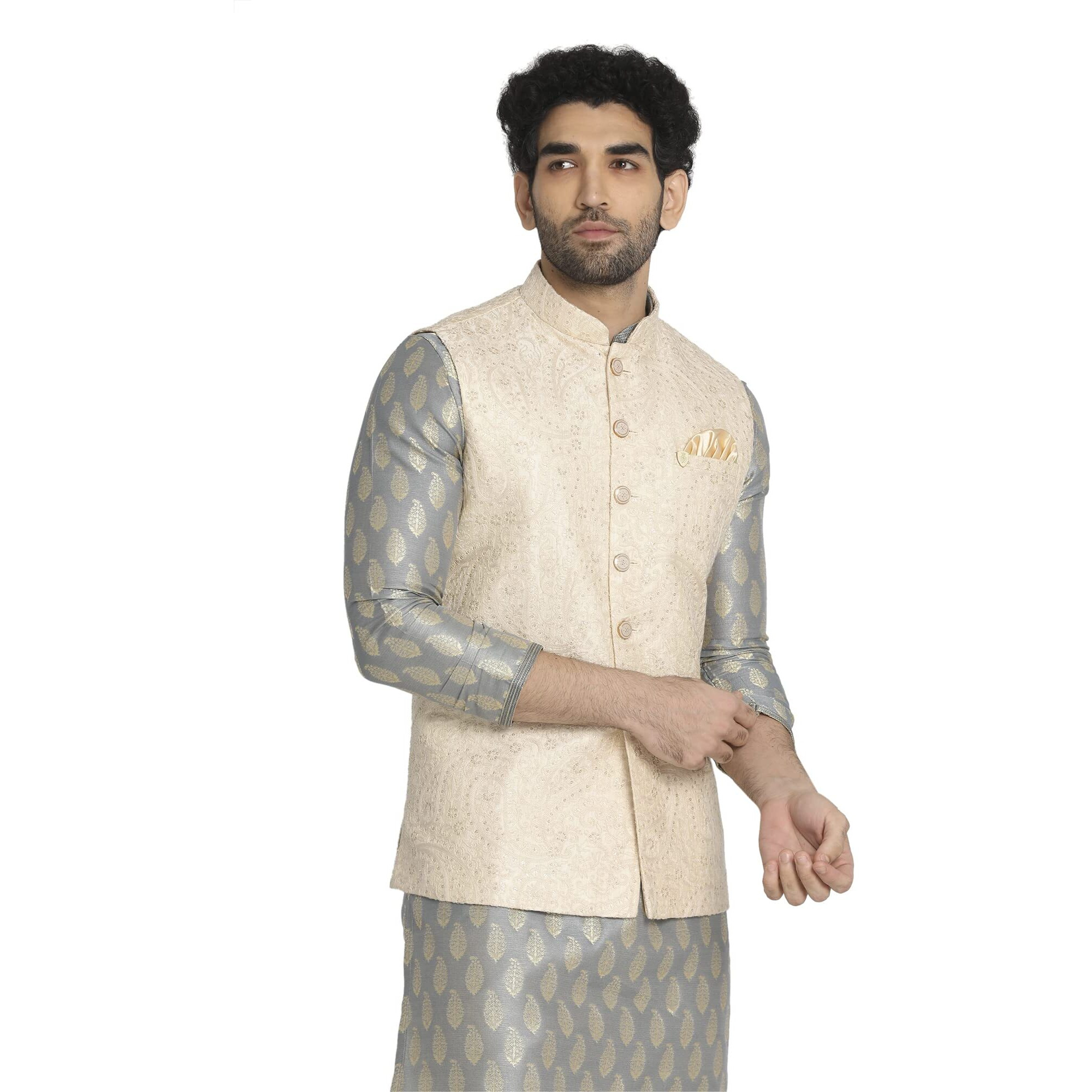 Manyavar Men's Nehru Jacket (Jac215-303-S_Beige_S)