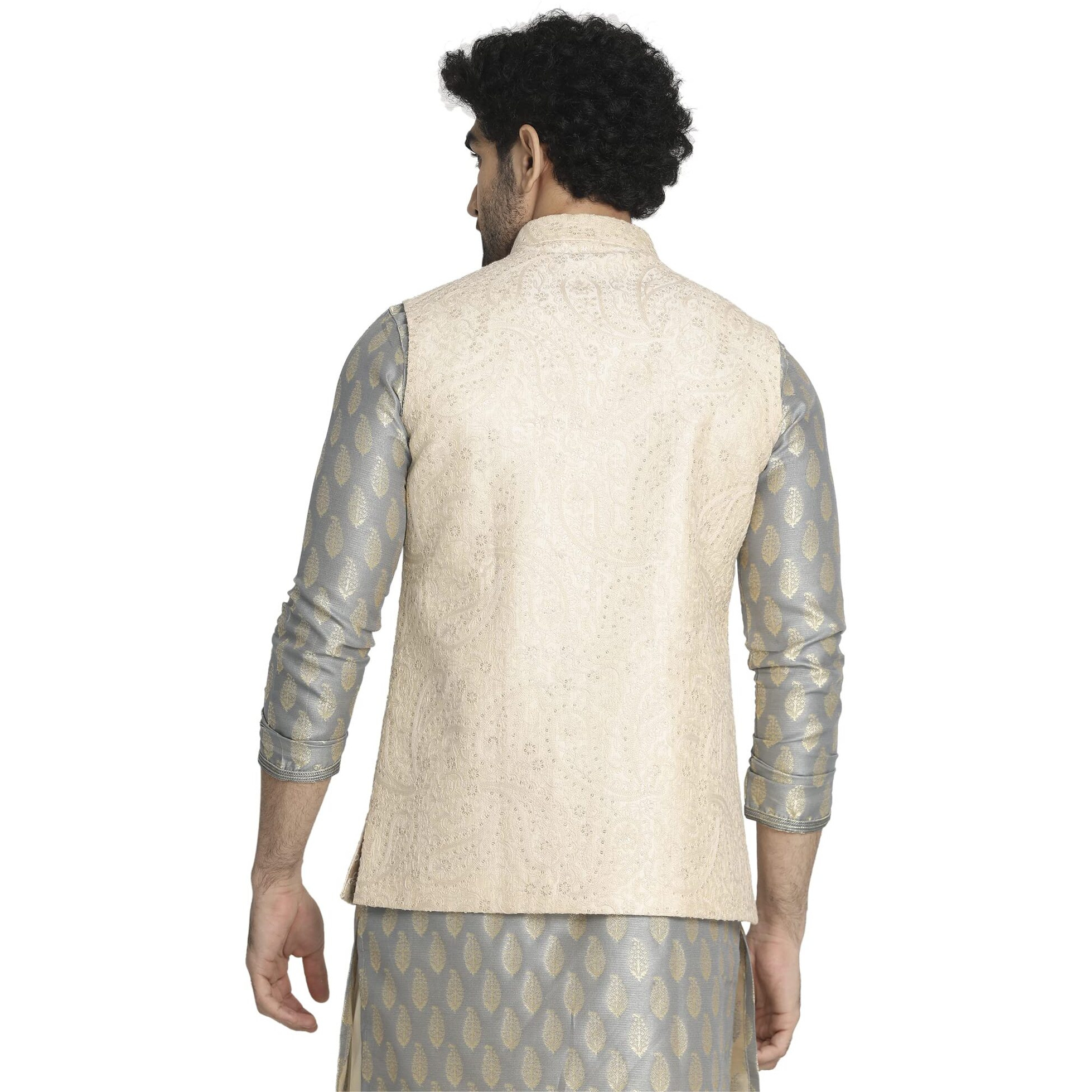 Manyavar Men's Nehru Jacket (Jac215-303-S_Beige_S)