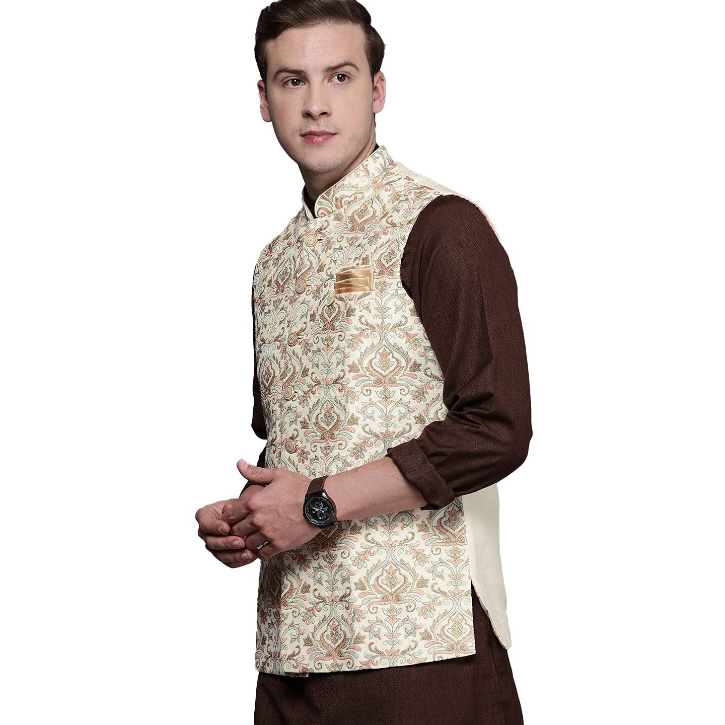 Manyavar Men's Nehru Jacket (Jac215-303-M_Beige_M)