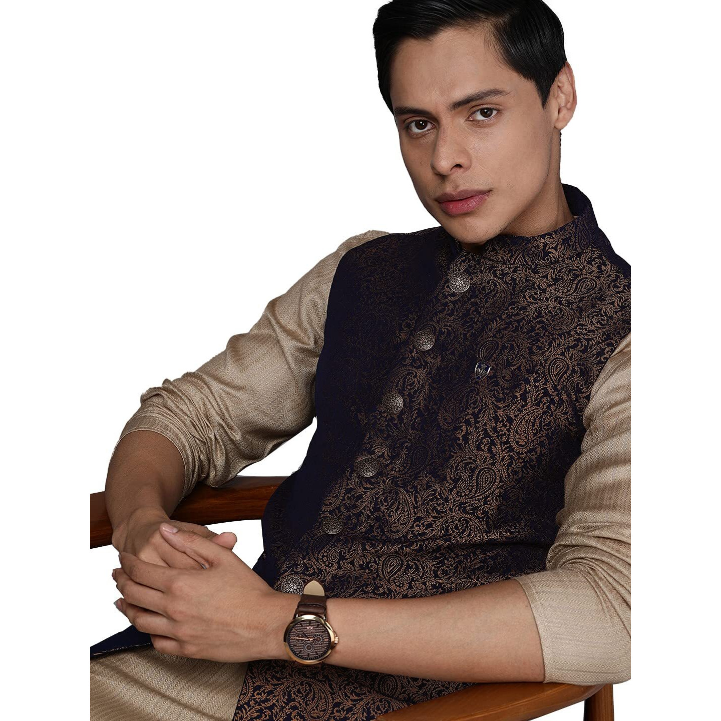 Manyavar Men's Nehru Jacket Blue_M