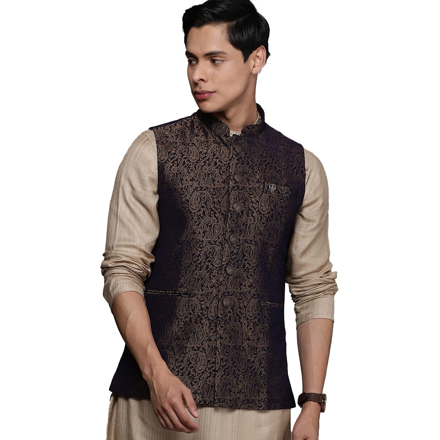 Manyavar Men's Nehru Jacket Blue_M