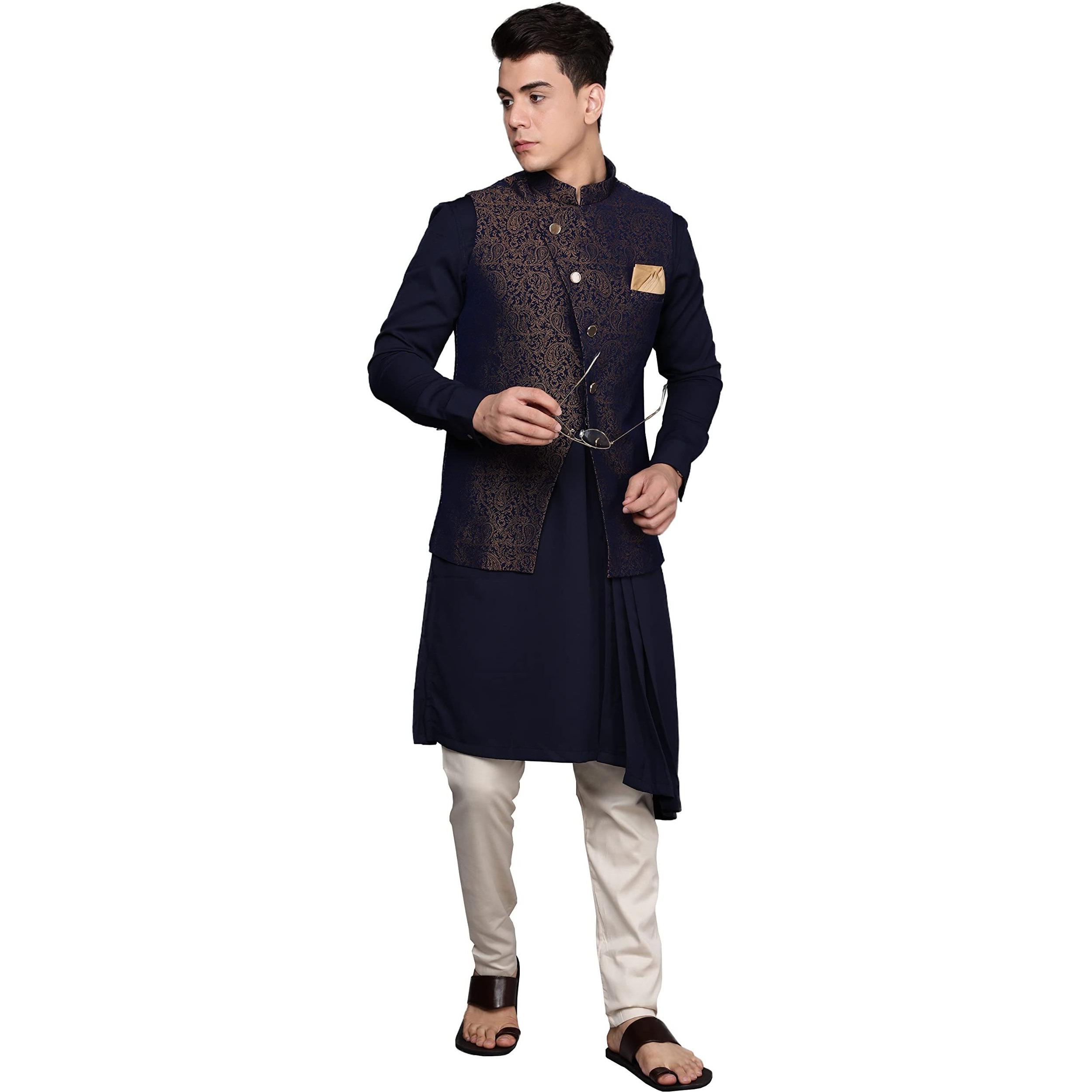 Manyavar Kurta Jacket Set For Men, Full Sleeves Mandarin Collar Ethnic Kurta Jacket Set Art Silk (Blue, M)