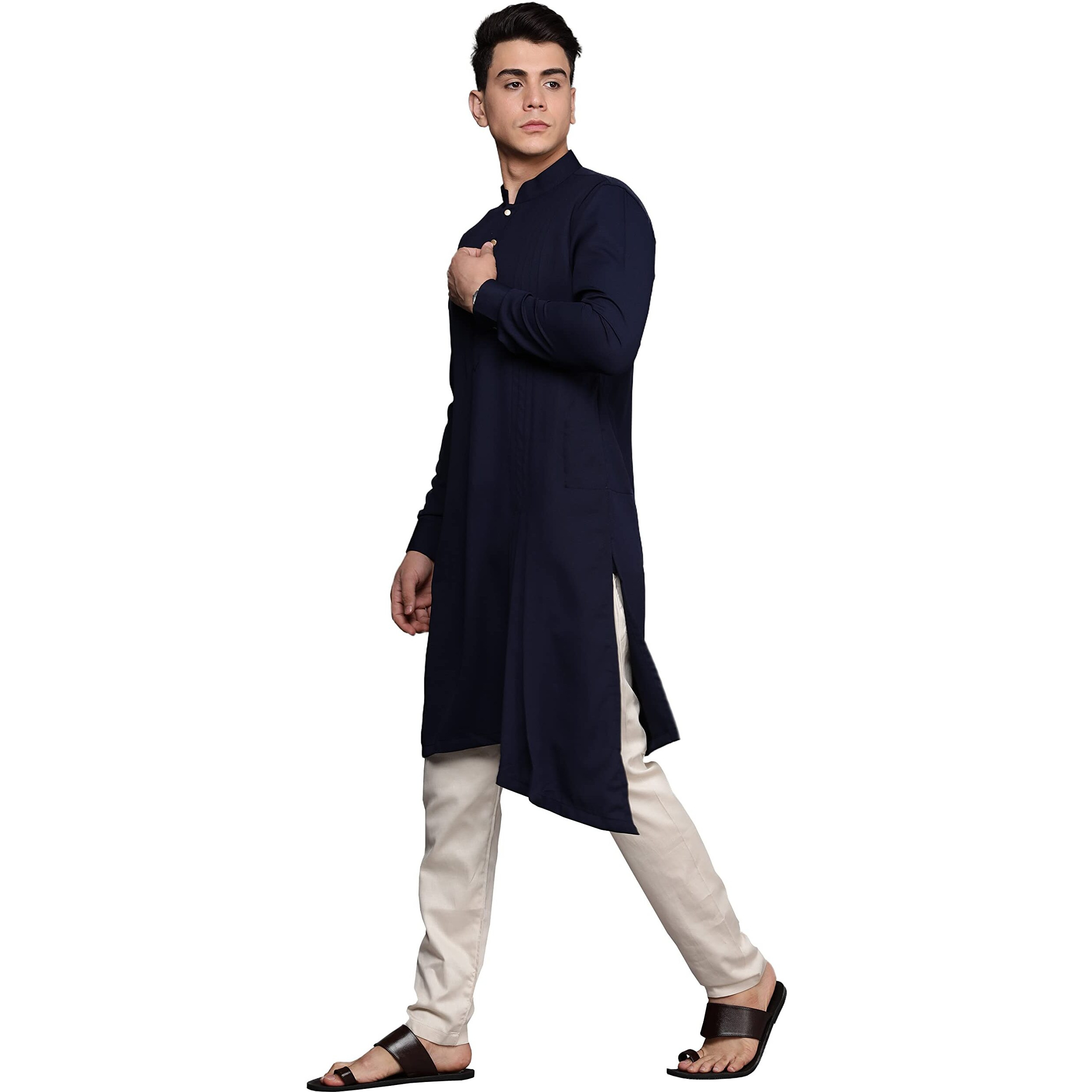 Manyavar Kurta Jacket Set For Men, Full Sleeves Mandarin Collar Ethnic Kurta Jacket Set Art Silk (Blue, M)