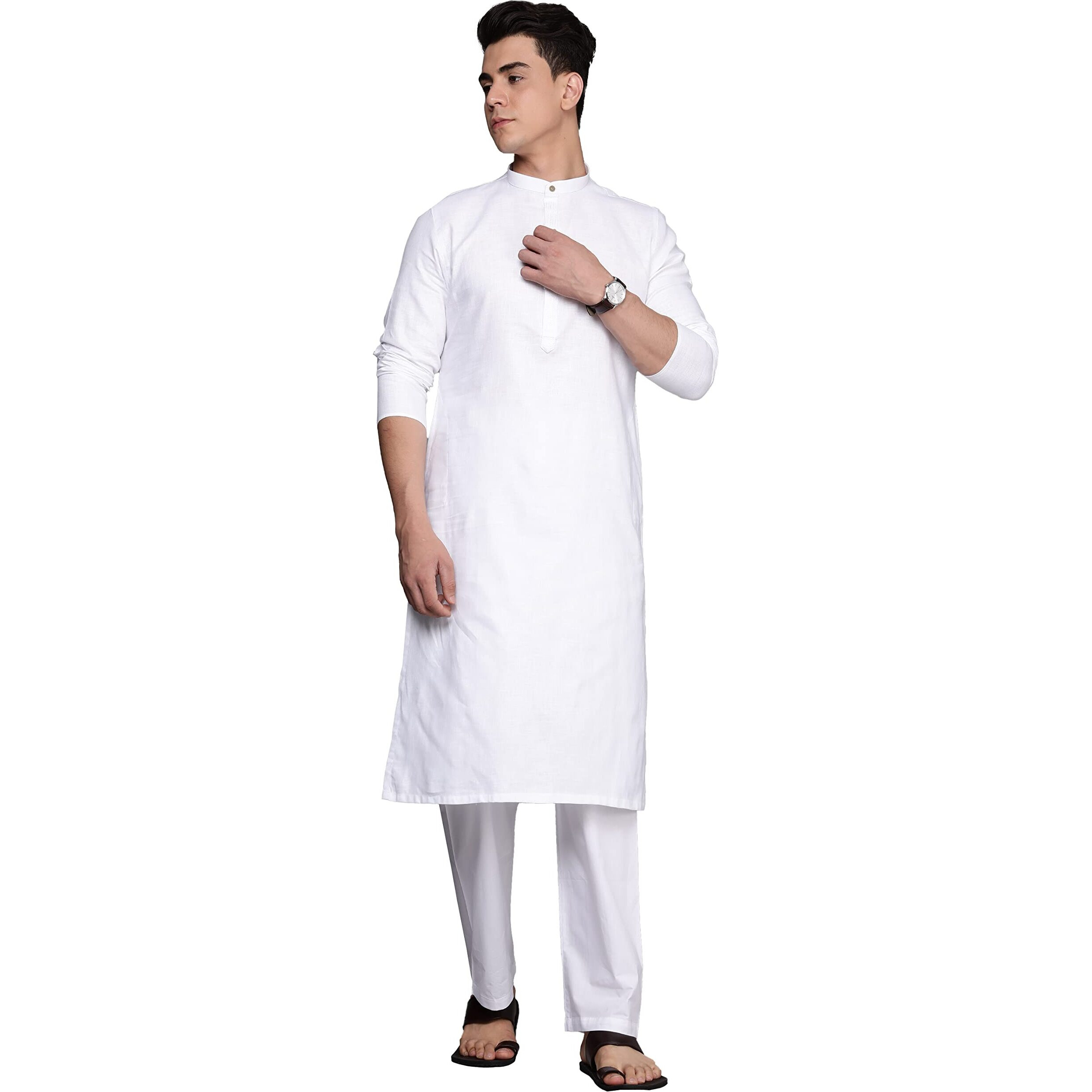 Manyavar Kurta Set For Men, Full Sleeves Mandarin Collar Ethnic Kurta Set Blended Cotton (Light Cream, M)