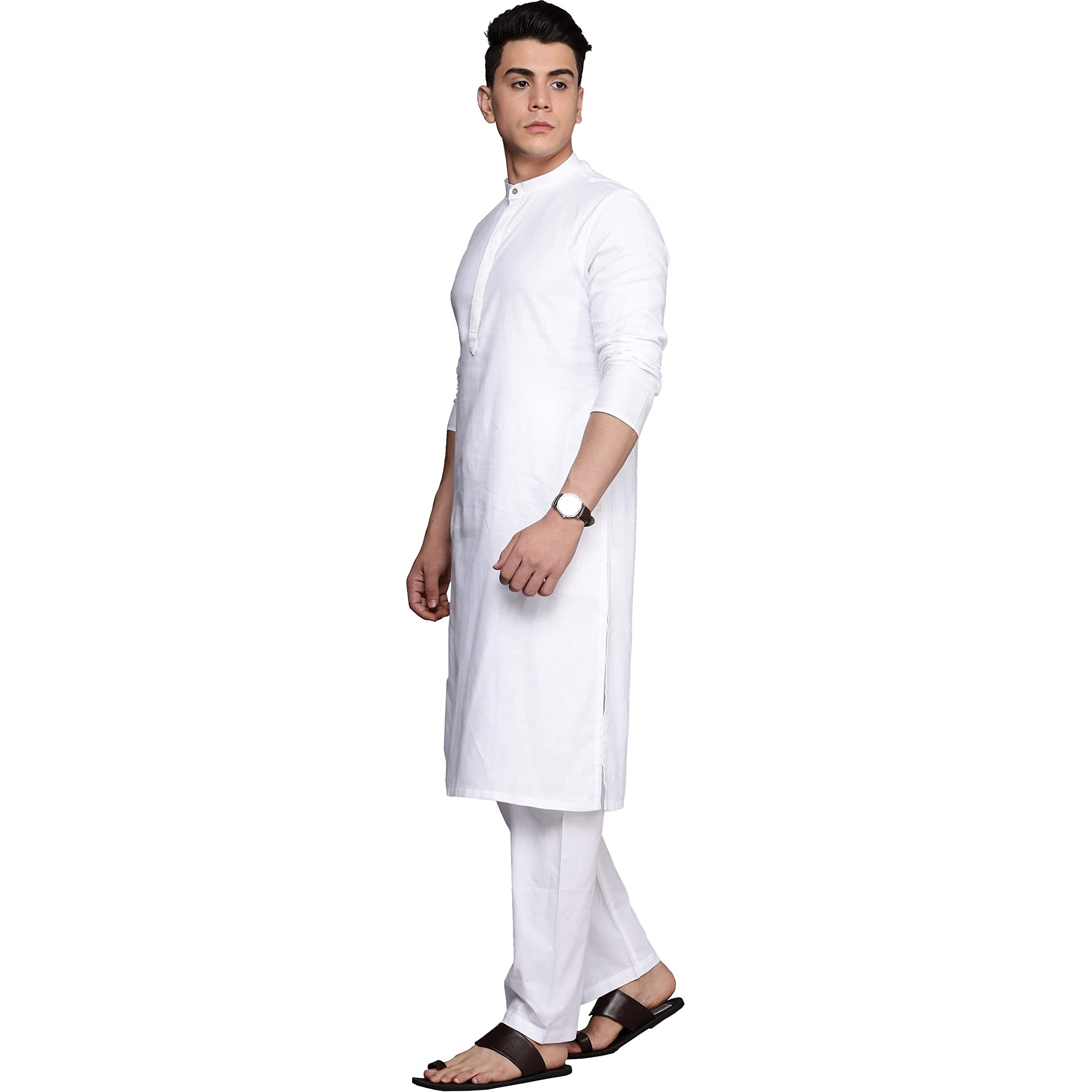 Manyavar Kurta Set For Men, Full Sleeves Mandarin Collar Ethnic Kurta Set Blended Cotton (Light Cream, M)