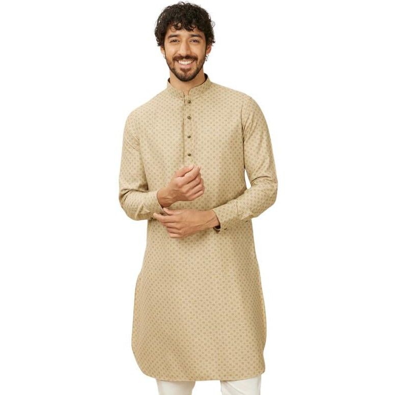 Manyavar Men's Kurta, Full Sleeves Mandarin Collar Ethnic Knee-Length Kurta Only, Kurta For Festival, Wedding, Party & Anniversary, Blended Cotton (Beige, M)
