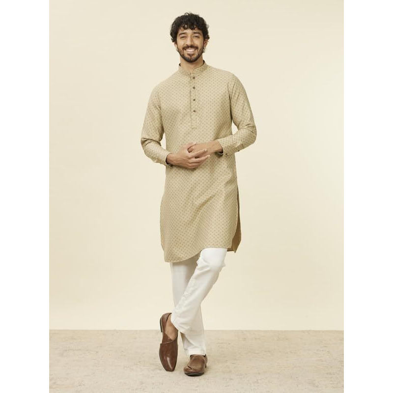 Manyavar Men's Kurta, Full Sleeves Mandarin Collar Ethnic Knee-Length Kurta Only, Kurta For Festival, Wedding, Party & Anniversary, Blended Cotton (Beige, M)