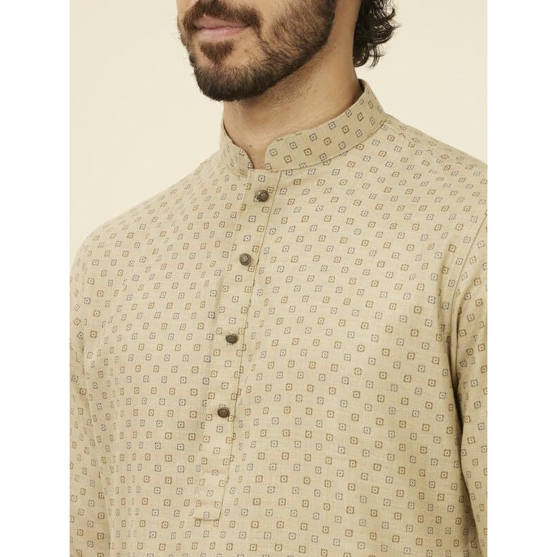 Manyavar Men's Kurta, Full Sleeves Mandarin Collar Ethnic Knee-Length Kurta Only, Kurta For Festival, Wedding, Party & Anniversary, Blended Cotton (Beige, M)
