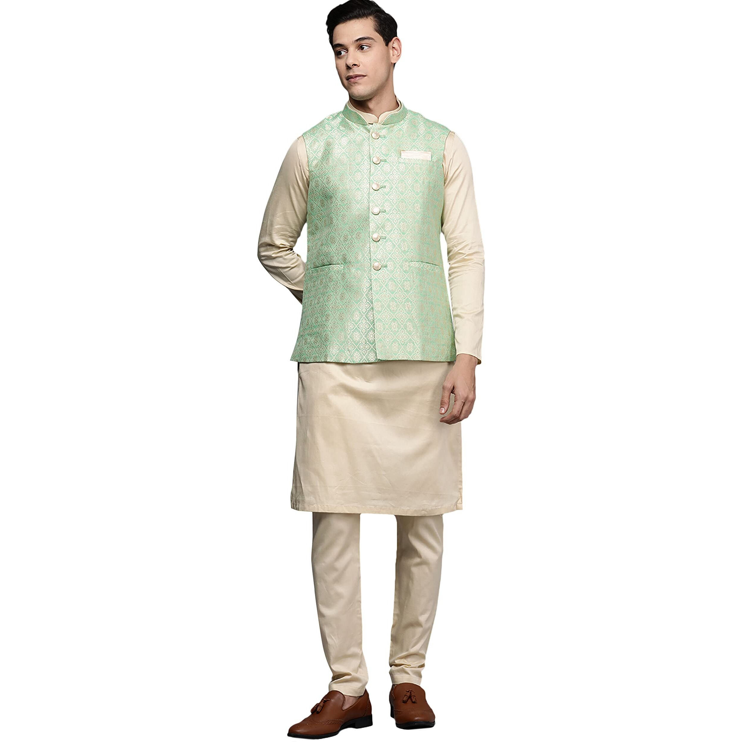 Diwas By Manyavar Men's Art Silk Golden Motifs Jacquard Weave Jacket Set (3Pcs)