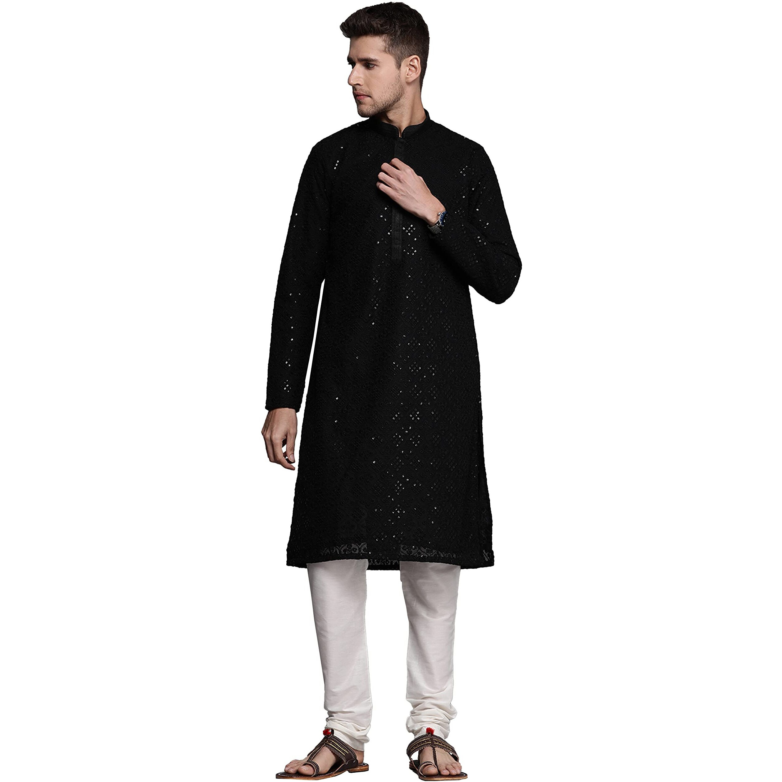 Manyavar Kurta Set For Men, Full Sleeves Mandarin Collar Ethnic Kurta Pajama For Engagement, Wedding, Party All Over Self Design Kurta Set Georgette (Black, M)