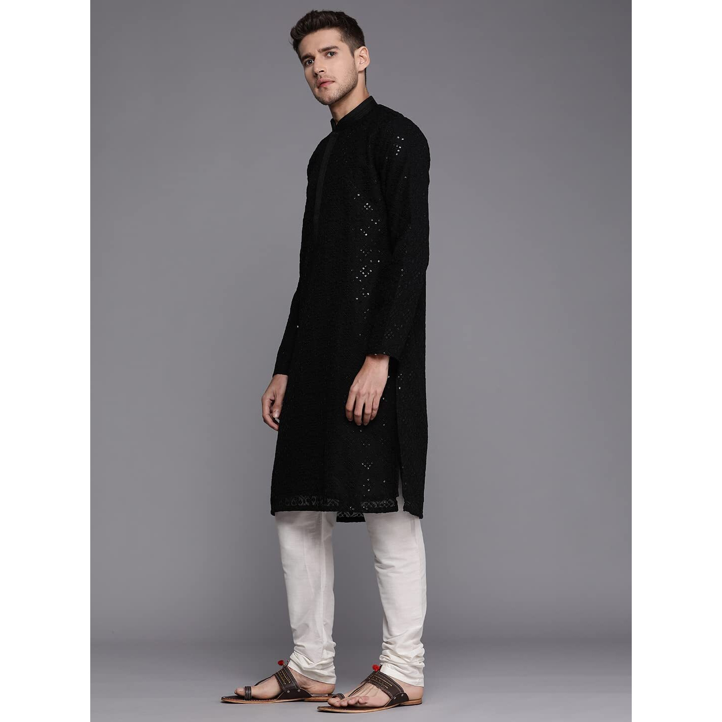 Manyavar Kurta Set For Men, Full Sleeves Mandarin Collar Ethnic Kurta Pajama For Engagement, Wedding, Party All Over Self Design Kurta Set Georgette (Black, M)