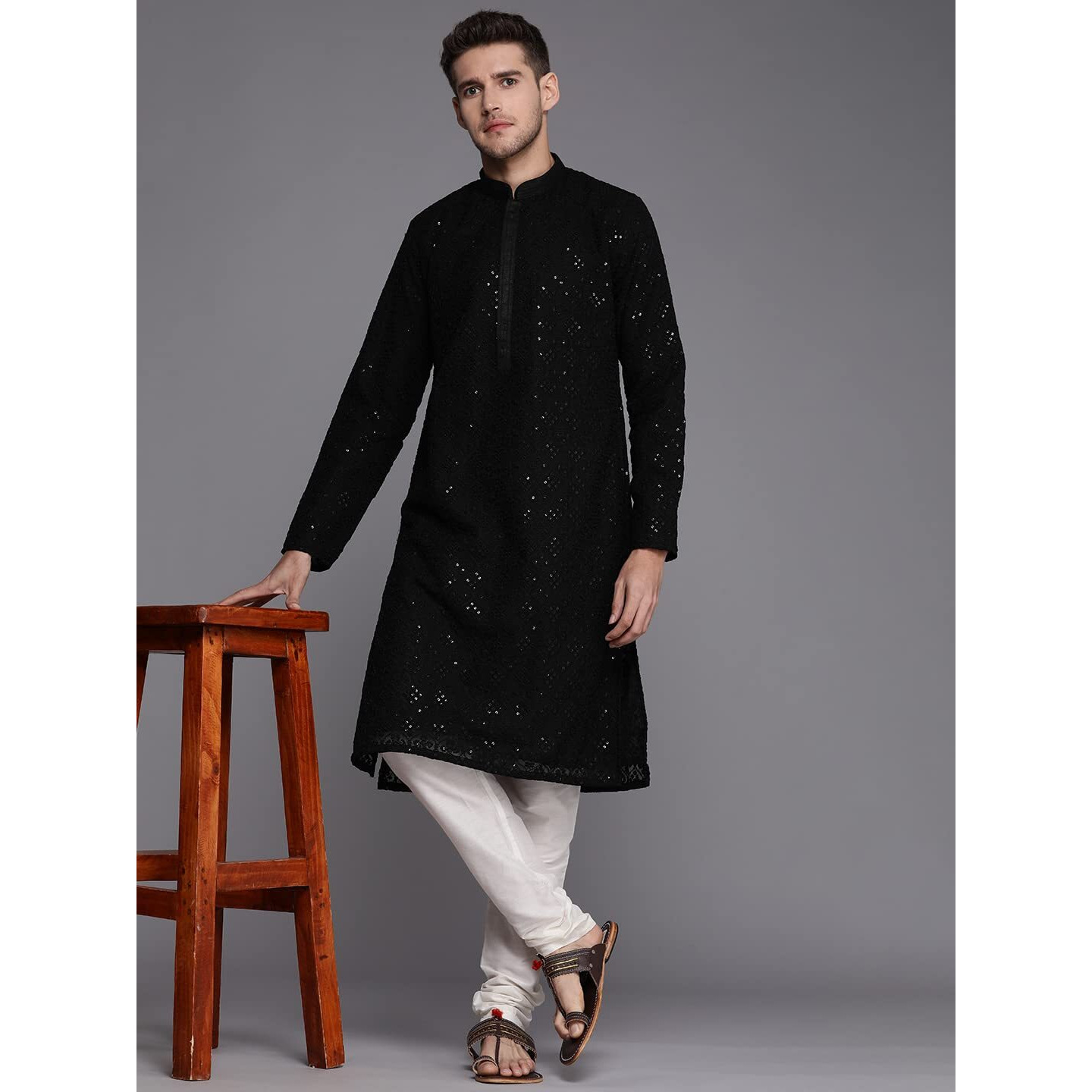 Manyavar Kurta Set For Men, Full Sleeves Mandarin Collar Ethnic Kurta Pajama For Engagement, Wedding, Party All Over Self Design Kurta Set Georgette (Black, M)