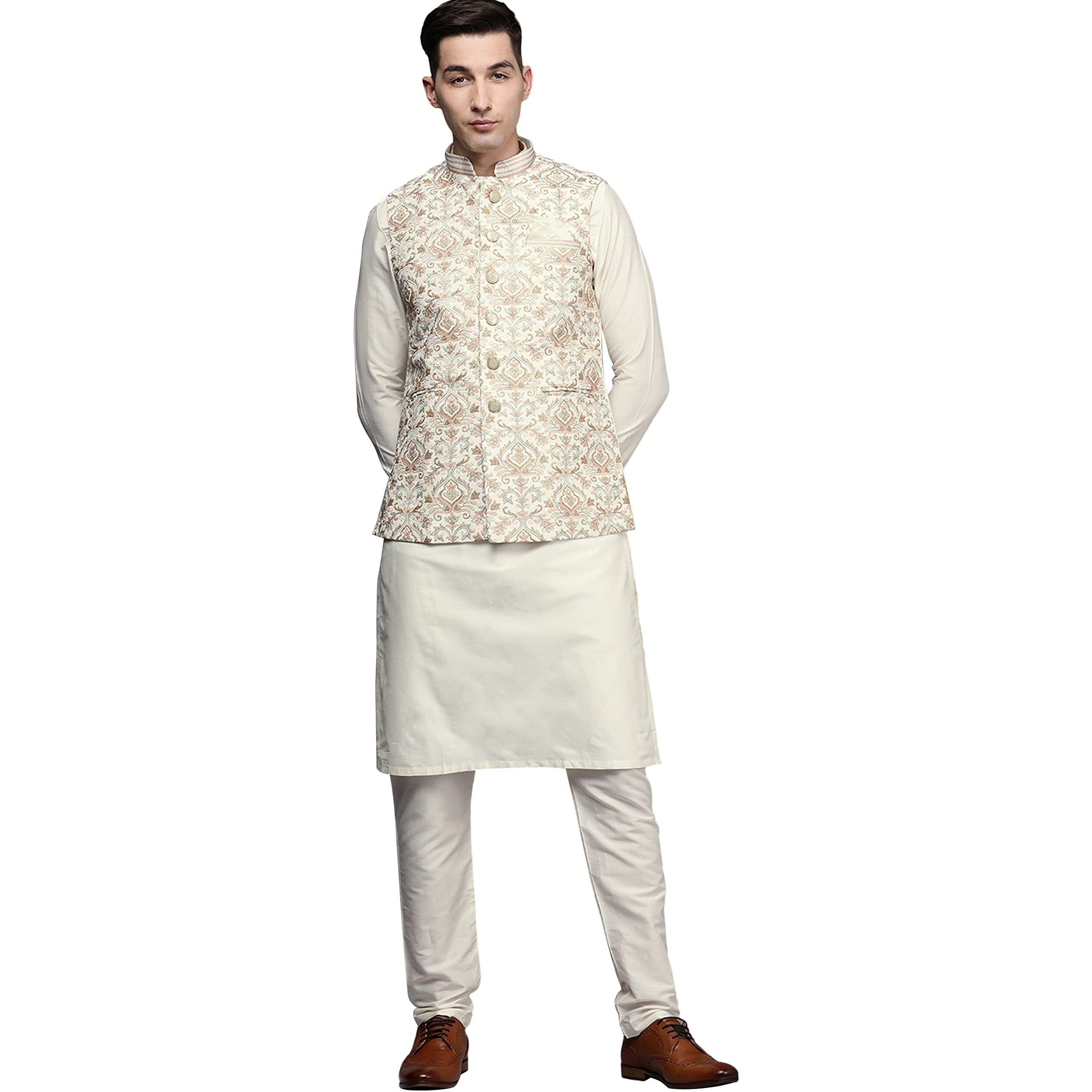 Manyavar Kurta Jacket Set For Men, Full Sleeves Mandarin Collar Ethnic Kurta Jacket Set For Festival, Wedding, Party Blended Viscous (Off White) (M)