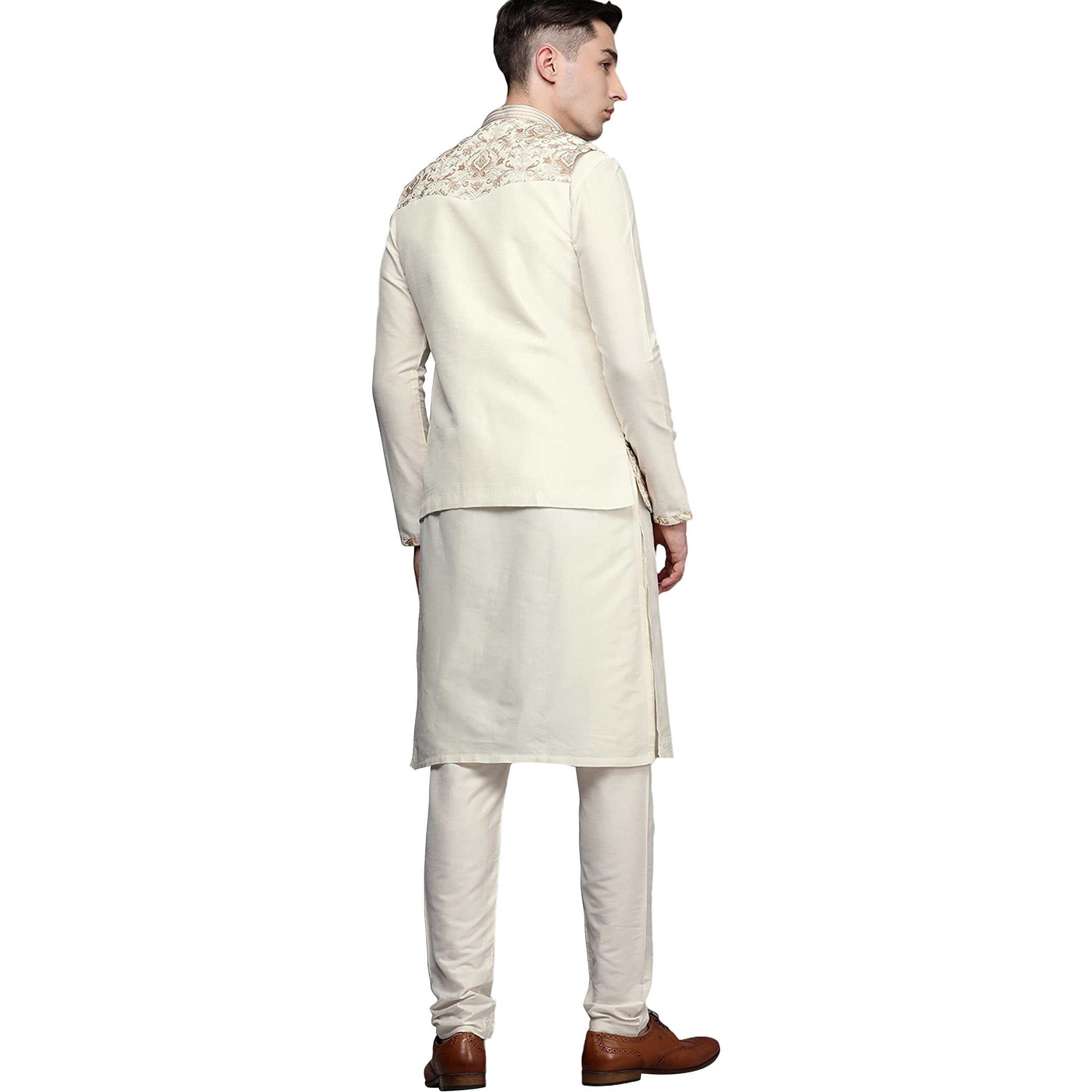Manyavar Kurta Jacket Set For Men, Full Sleeves Mandarin Collar Ethnic Kurta Jacket Set For Festival, Wedding, Party Blended Viscous (Off White) (M)