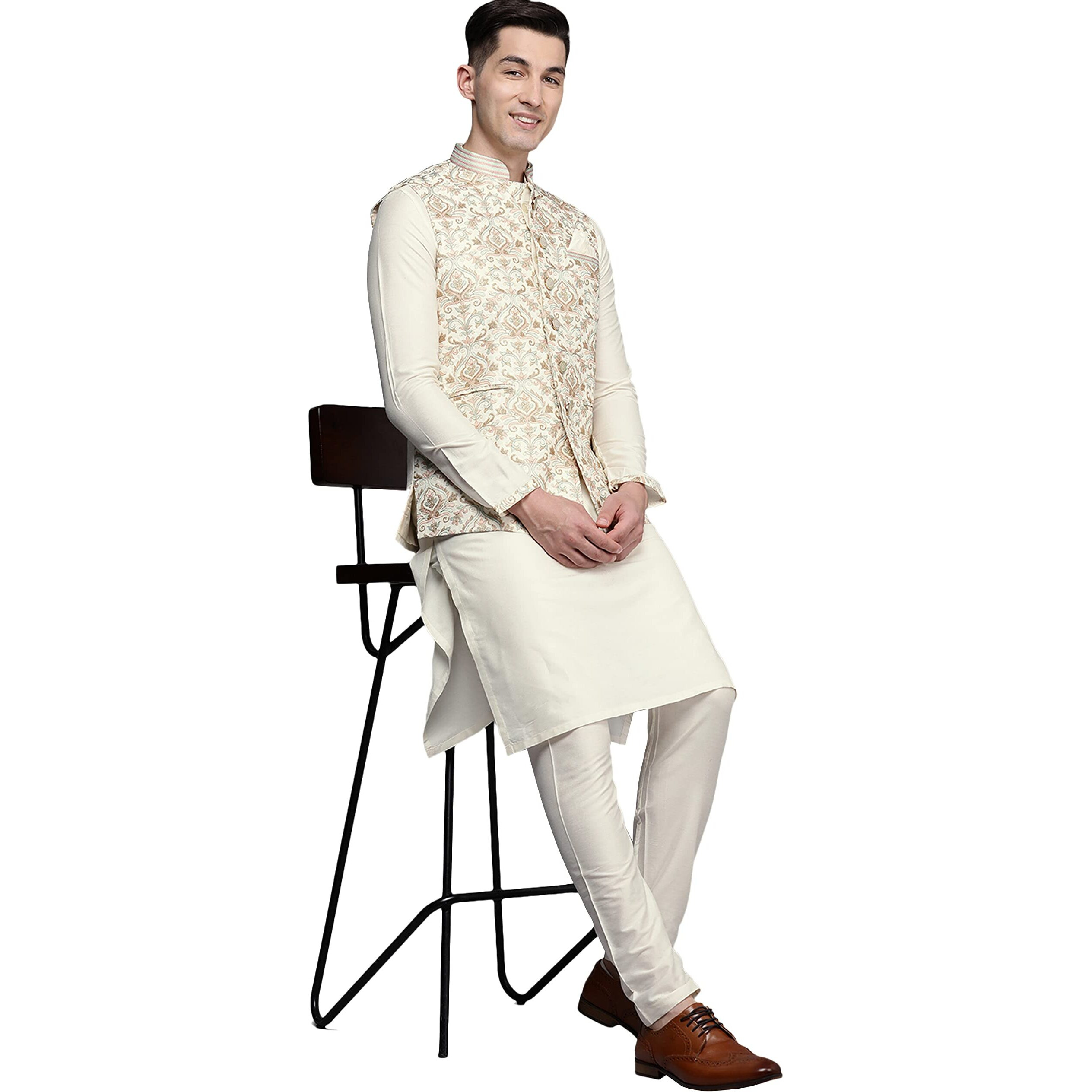 Manyavar Kurta Jacket Set For Men, Full Sleeves Mandarin Collar Ethnic Kurta Jacket Set For Festival, Wedding, Party Blended Viscous (Off White) (M)