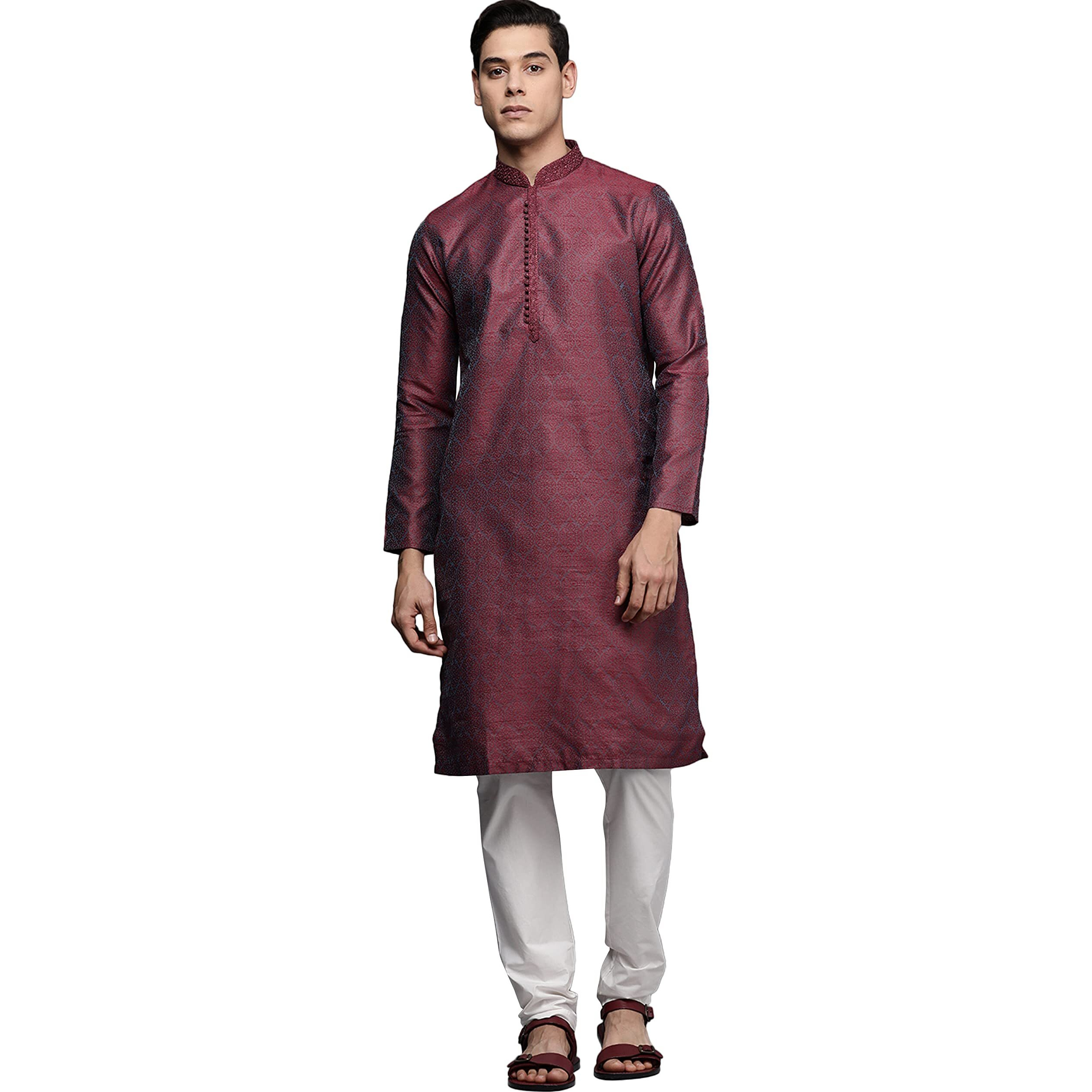 Manyavar Kurta Set For Men, Full Sleeves Mandarin Collar Ethnic Kurta Set For Diwali, Wedding, Party Blended Viscose (Pink, L)