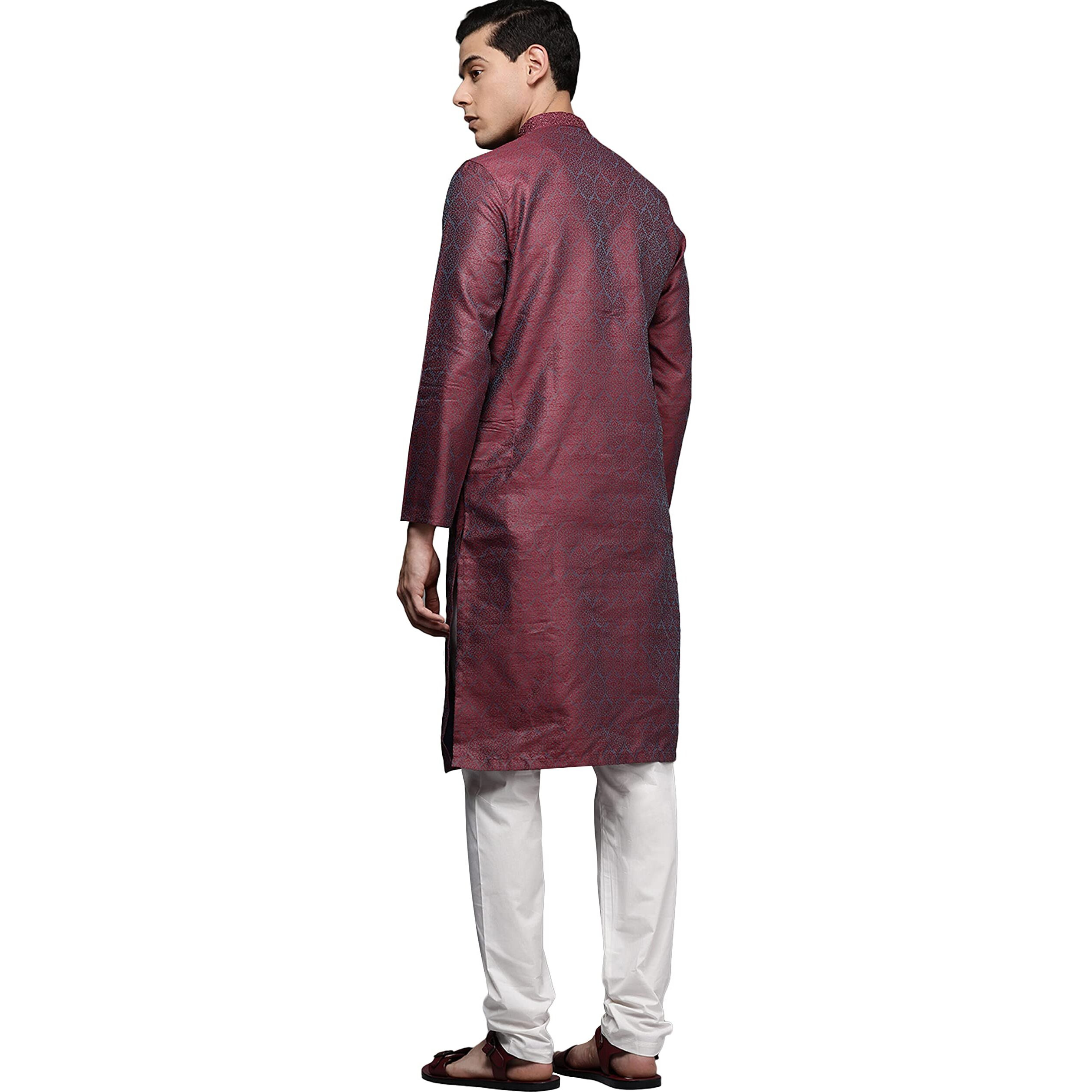 Manyavar Kurta Set For Men, Full Sleeves Mandarin Collar Ethnic Kurta Set For Diwali, Wedding, Party Blended Viscose (Pink, L)