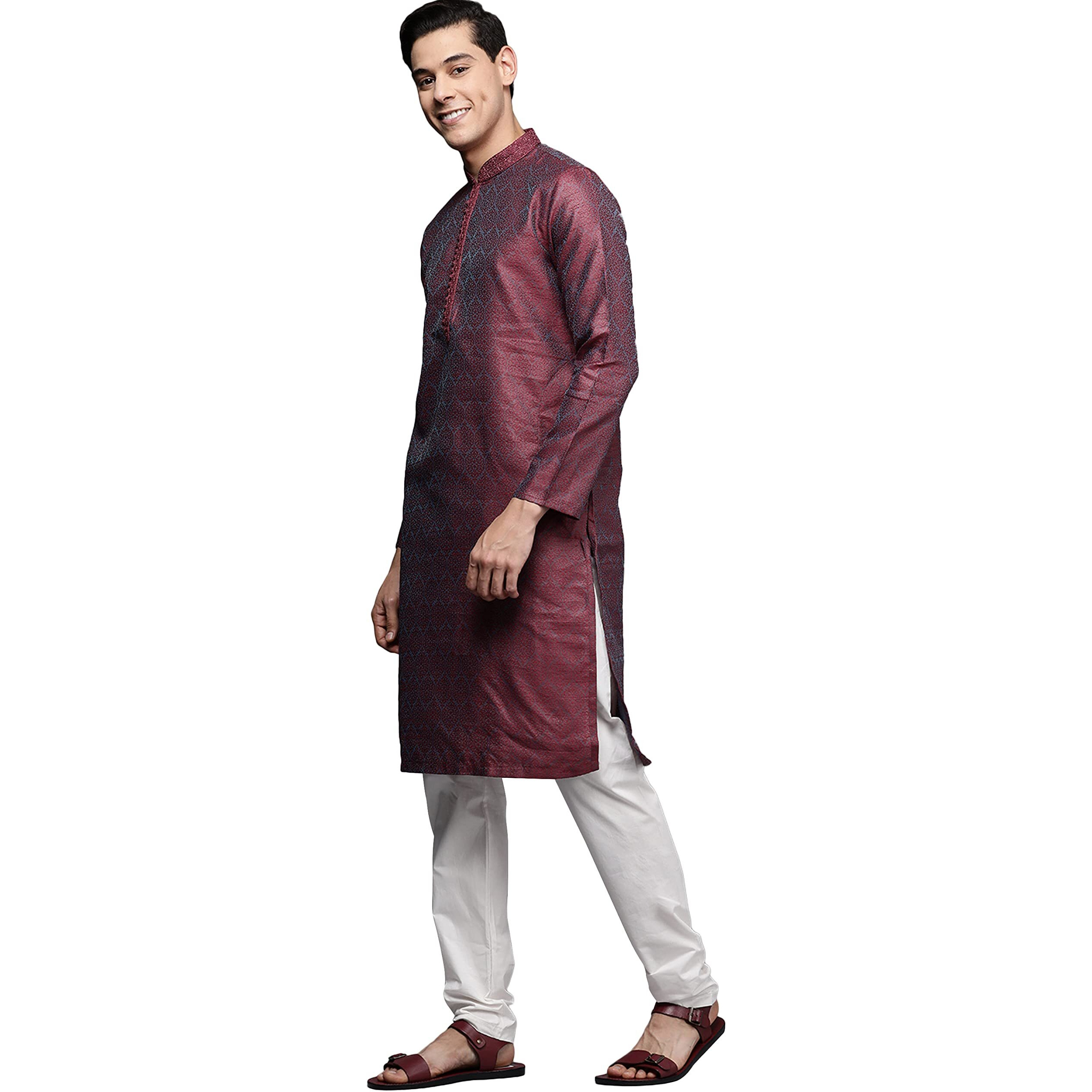 Manyavar Kurta Set For Men, Full Sleeves Mandarin Collar Ethnic Kurta Set For Diwali, Wedding, Party Blended Viscose (Pink, L)