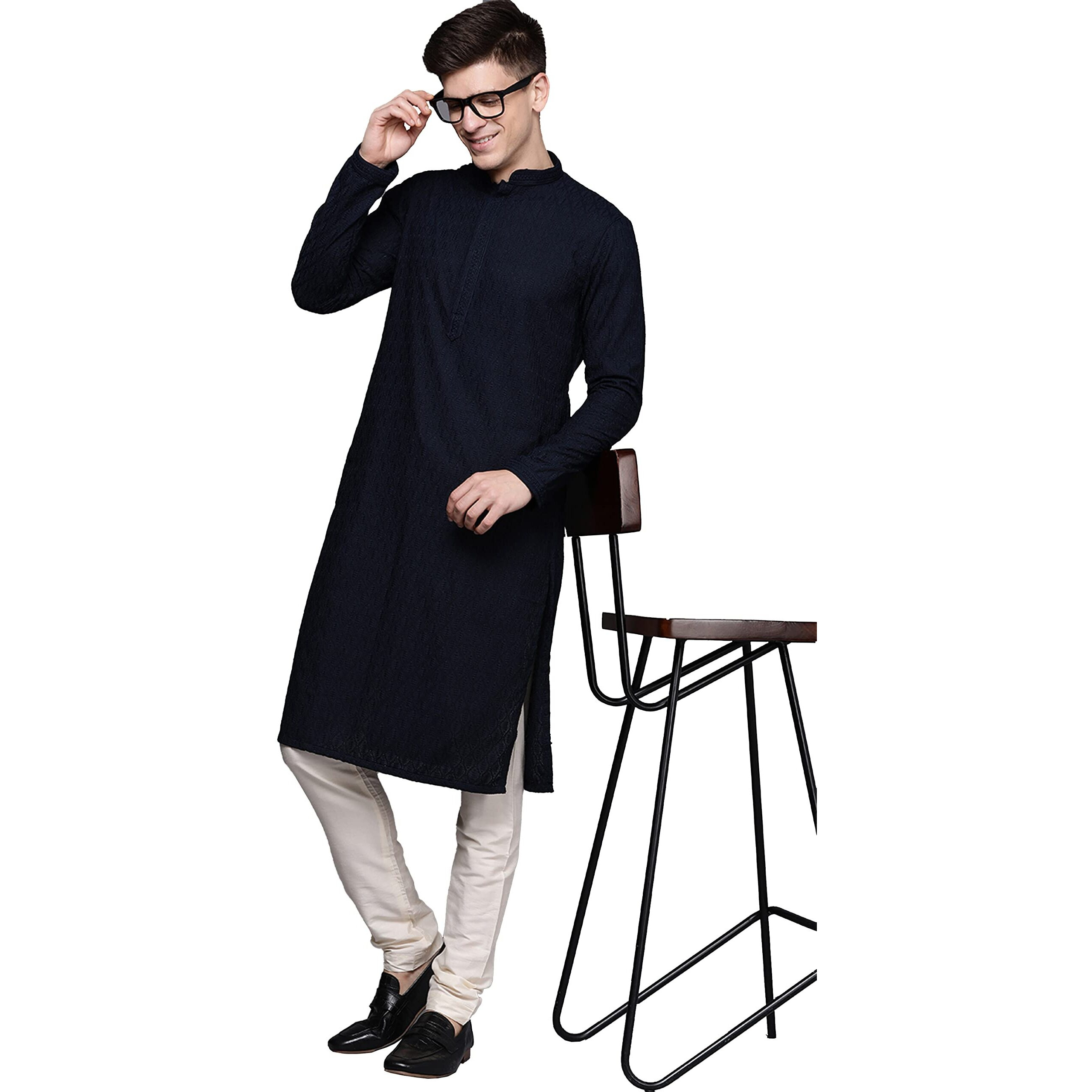 Manyavar Men's Ethnic Kurta Set, Full Sleeves Mandarin Collar Ethnic Kurta Set For Engagement, Wedding, Party Blended Cotton Kurta Set (Blue, M)