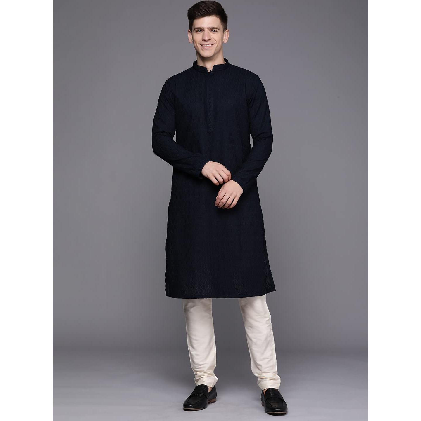 Manyavar Men's Ethnic Kurta Set, Full Sleeves Mandarin Collar Ethnic Kurta Set For Engagement, Wedding, Party Blended Cotton Kurta Set (Blue, M)